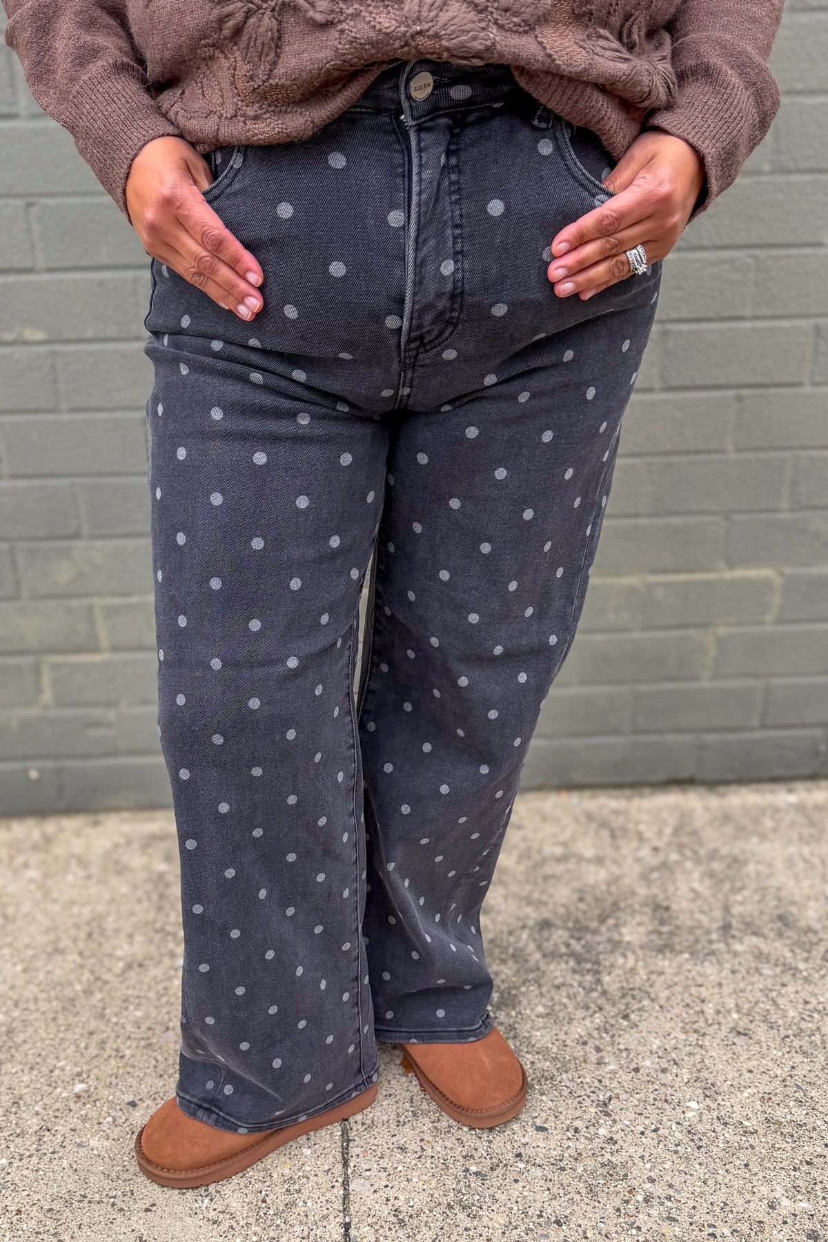 Grey Polka Dot High Rise Straight Ankle Denim