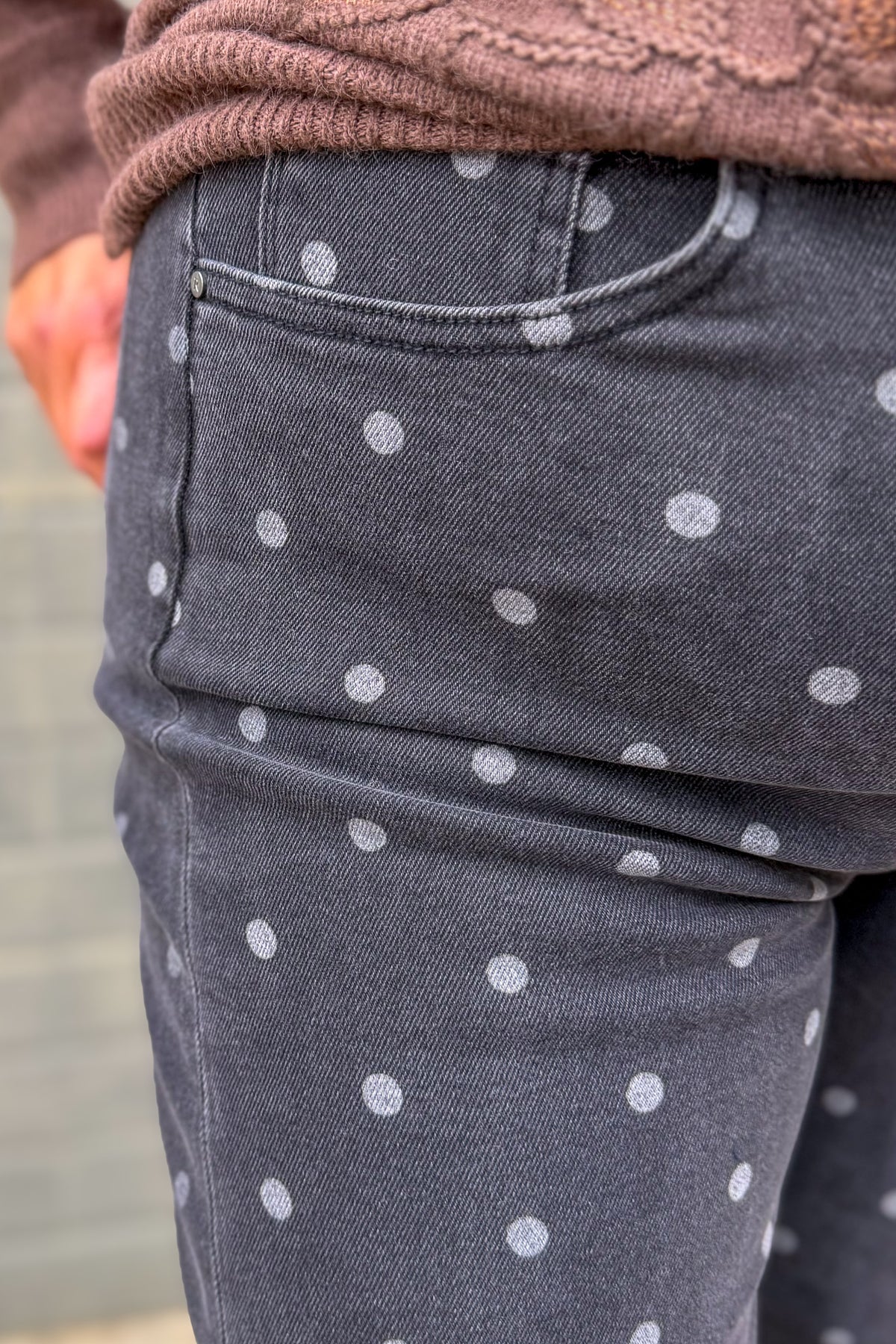 Grey Polka Dot High Rise Straight Ankle Denim Detailed