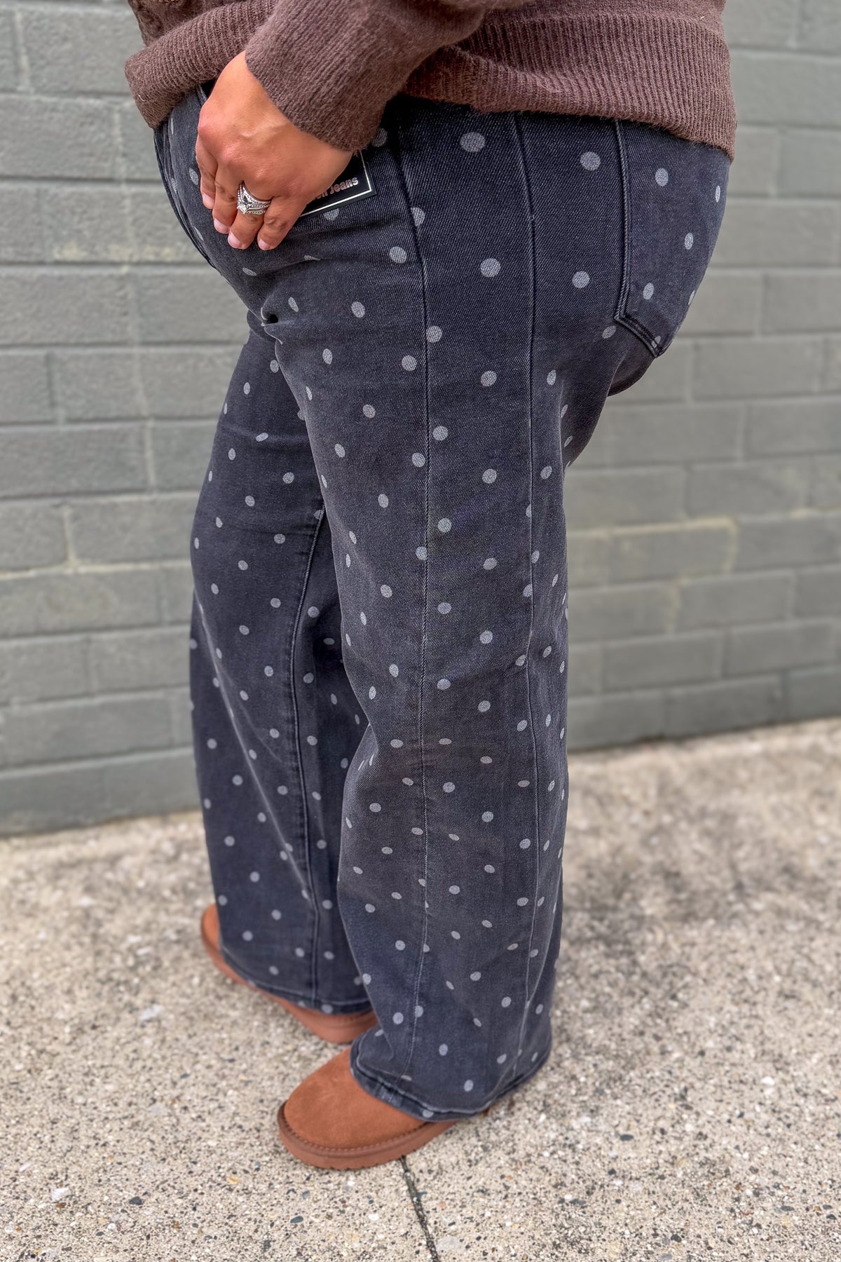 Grey Polka Dot High Rise Straight Ankle Denim Detailed