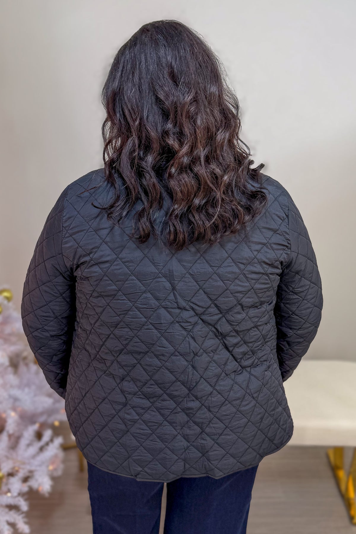 Black Quilted Jacket with Ribbed Collar Accents Back