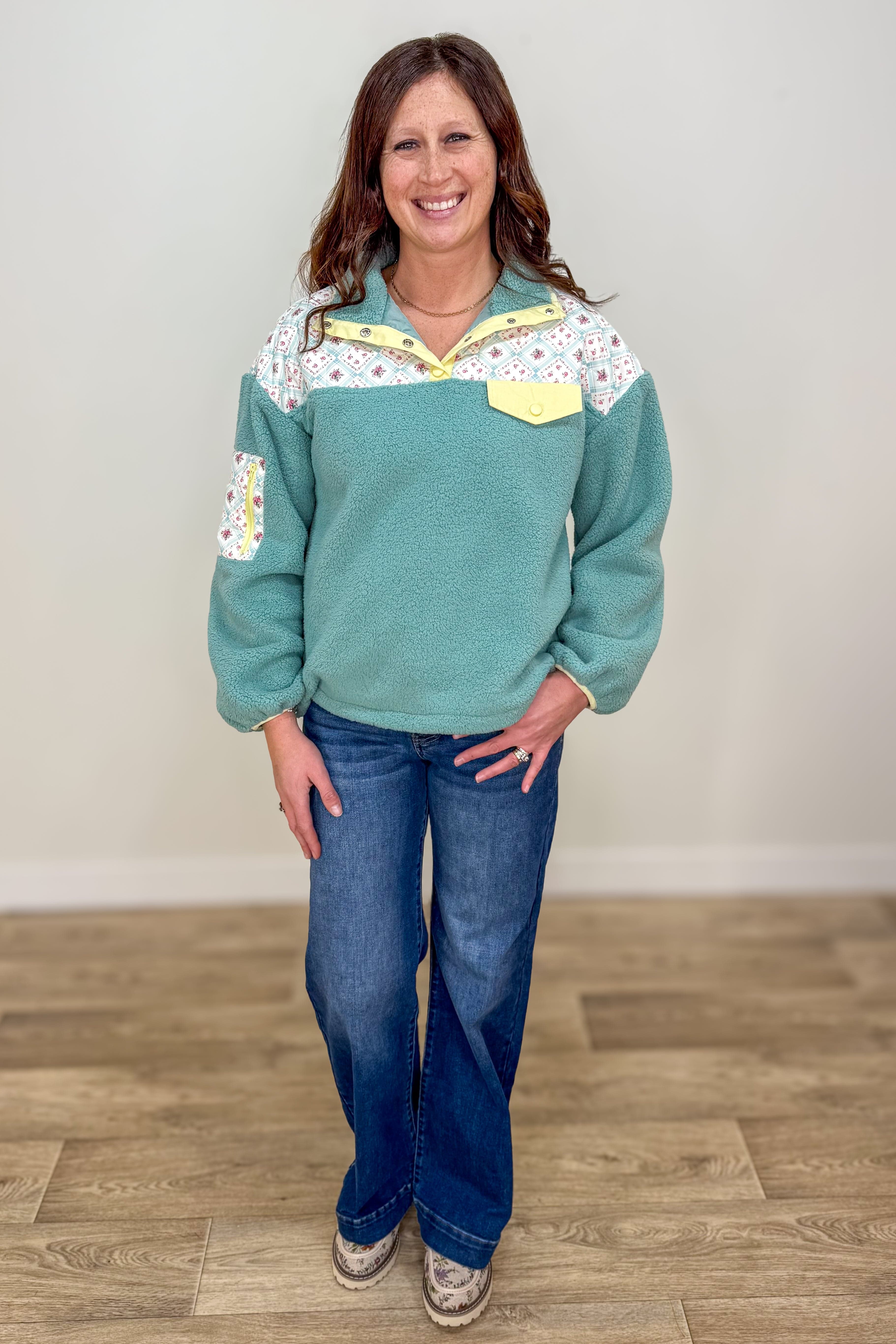 Sage Floral & Fleece Quarter Snap Sweater Styled