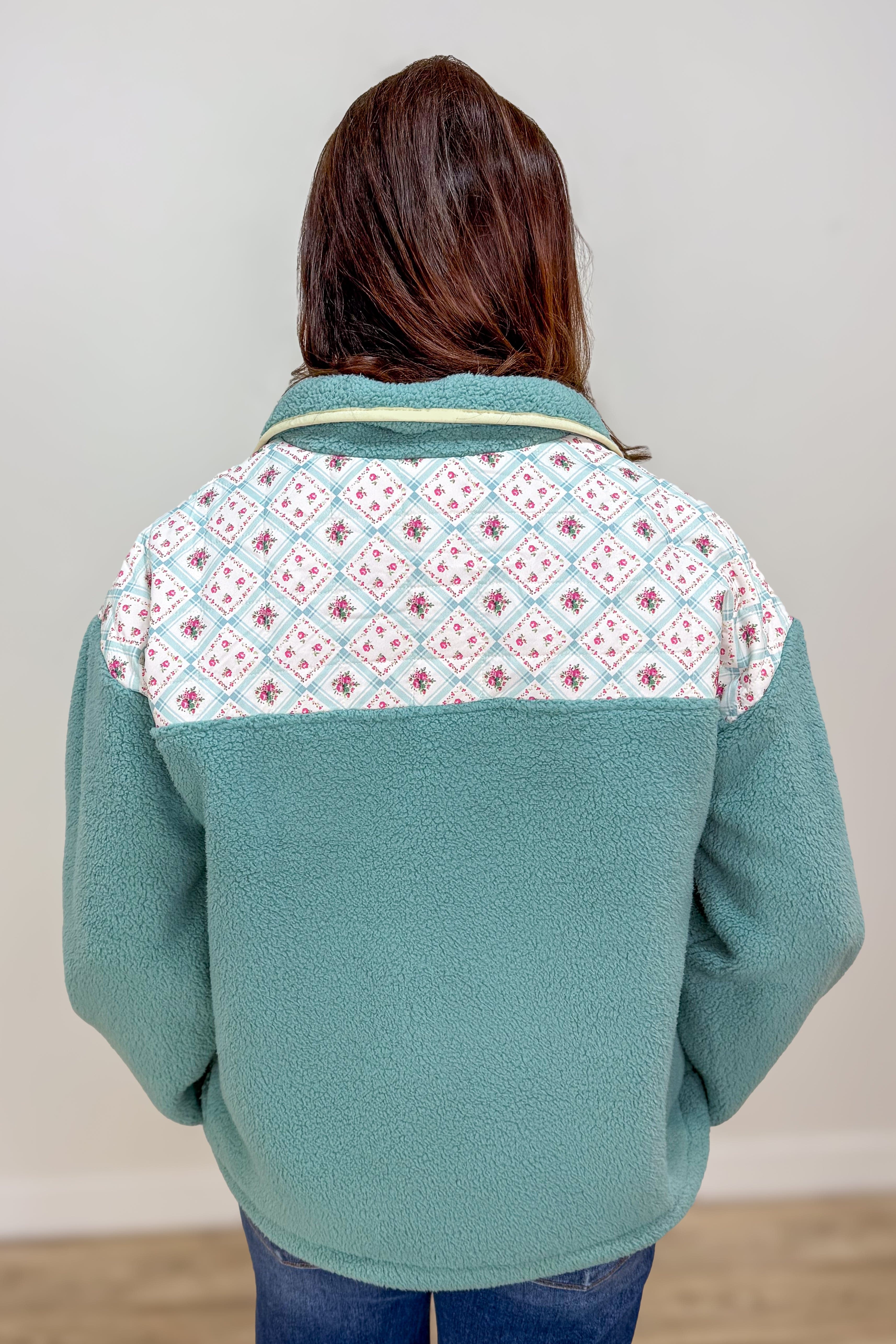 Sage Floral & Fleece Quarter Snap Sweater Back