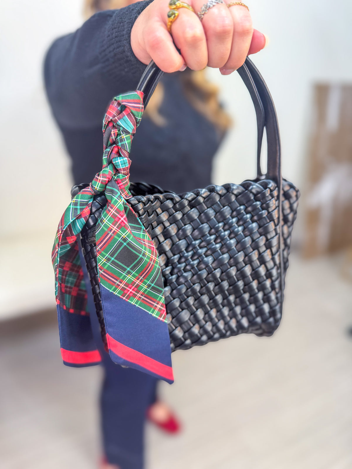 Navy & Red Plaid Skinny Scarf Styled