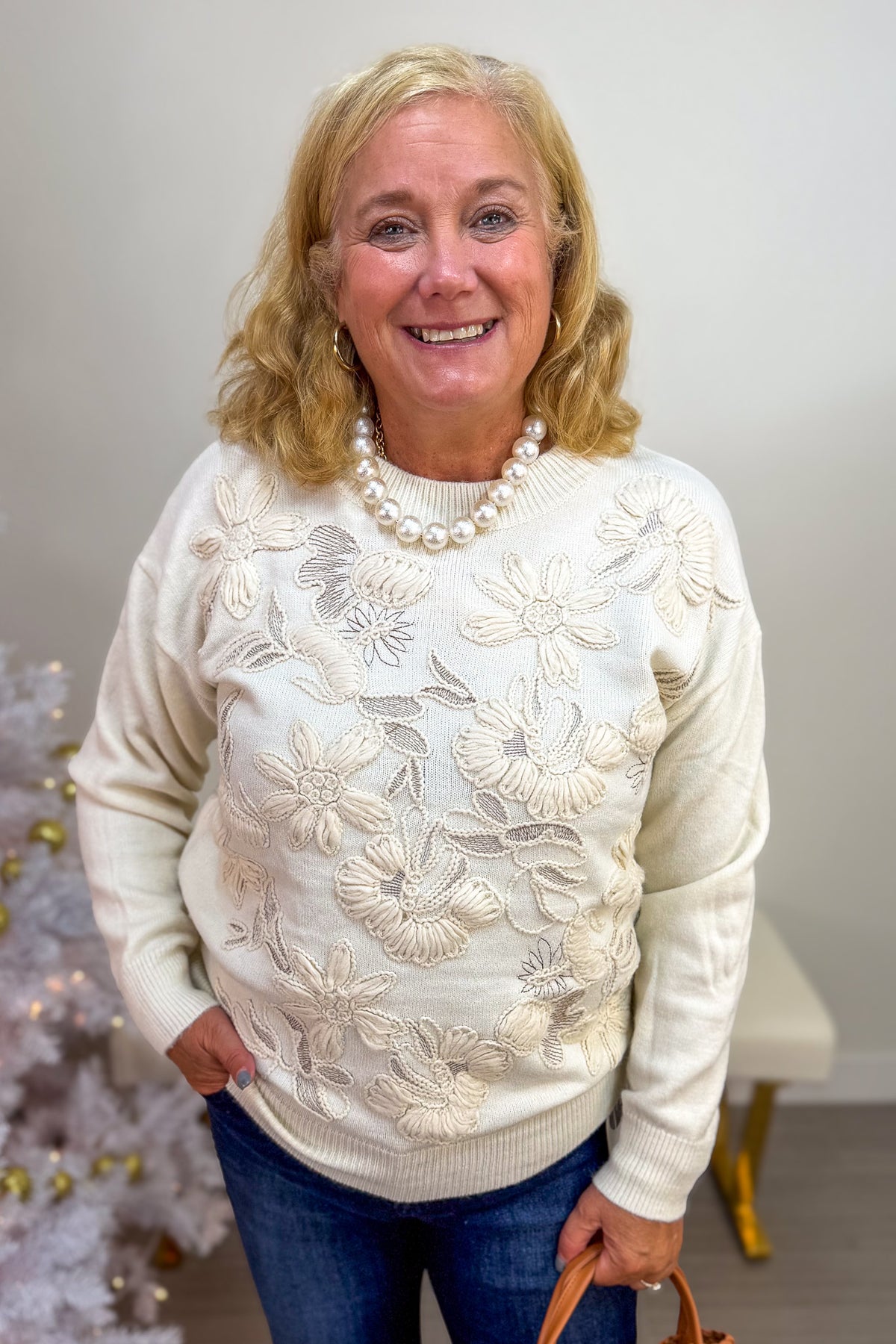 Cream Floral Embroidered Sweater