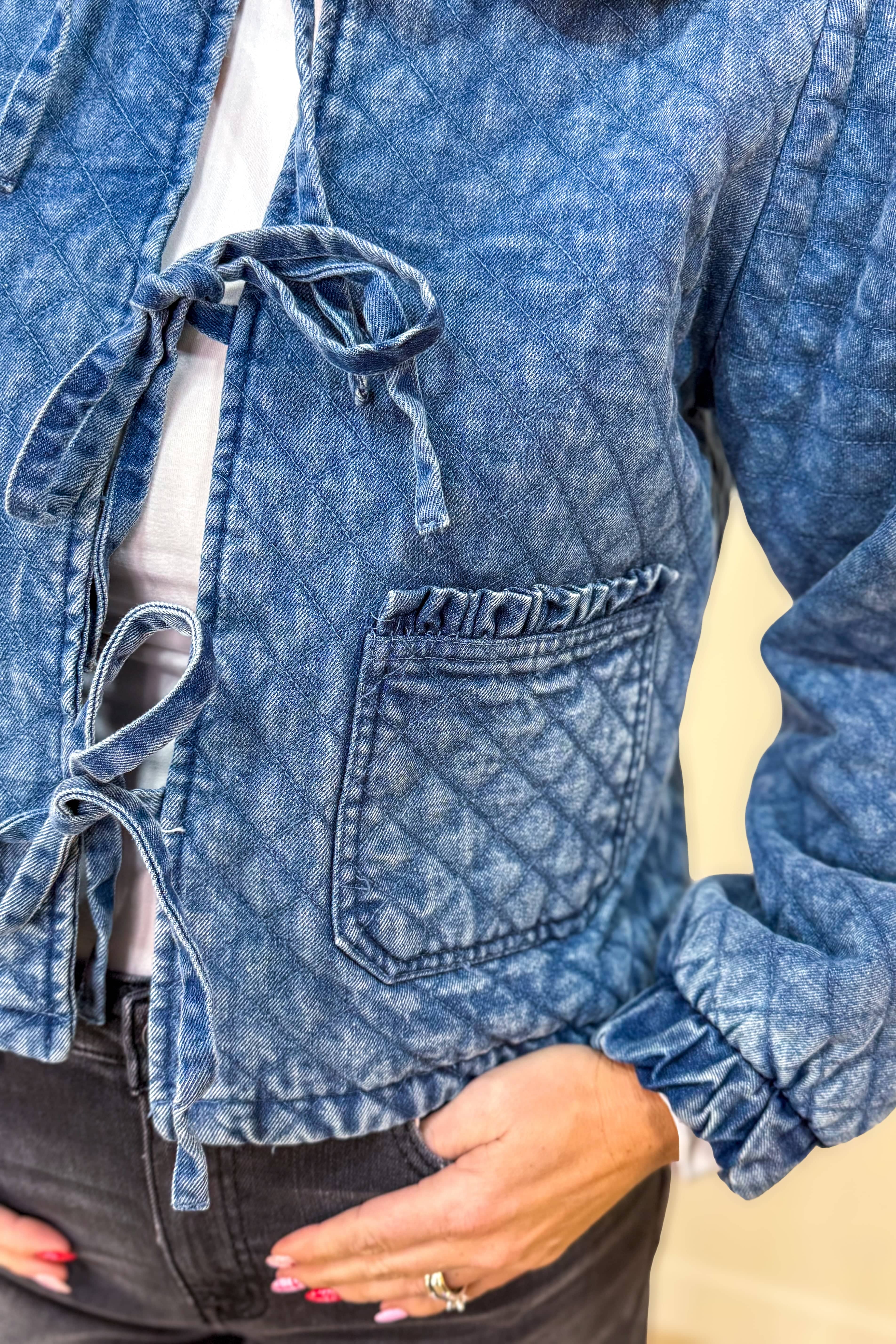 Washed Denim Quilted Front Tie Jacket Detailed