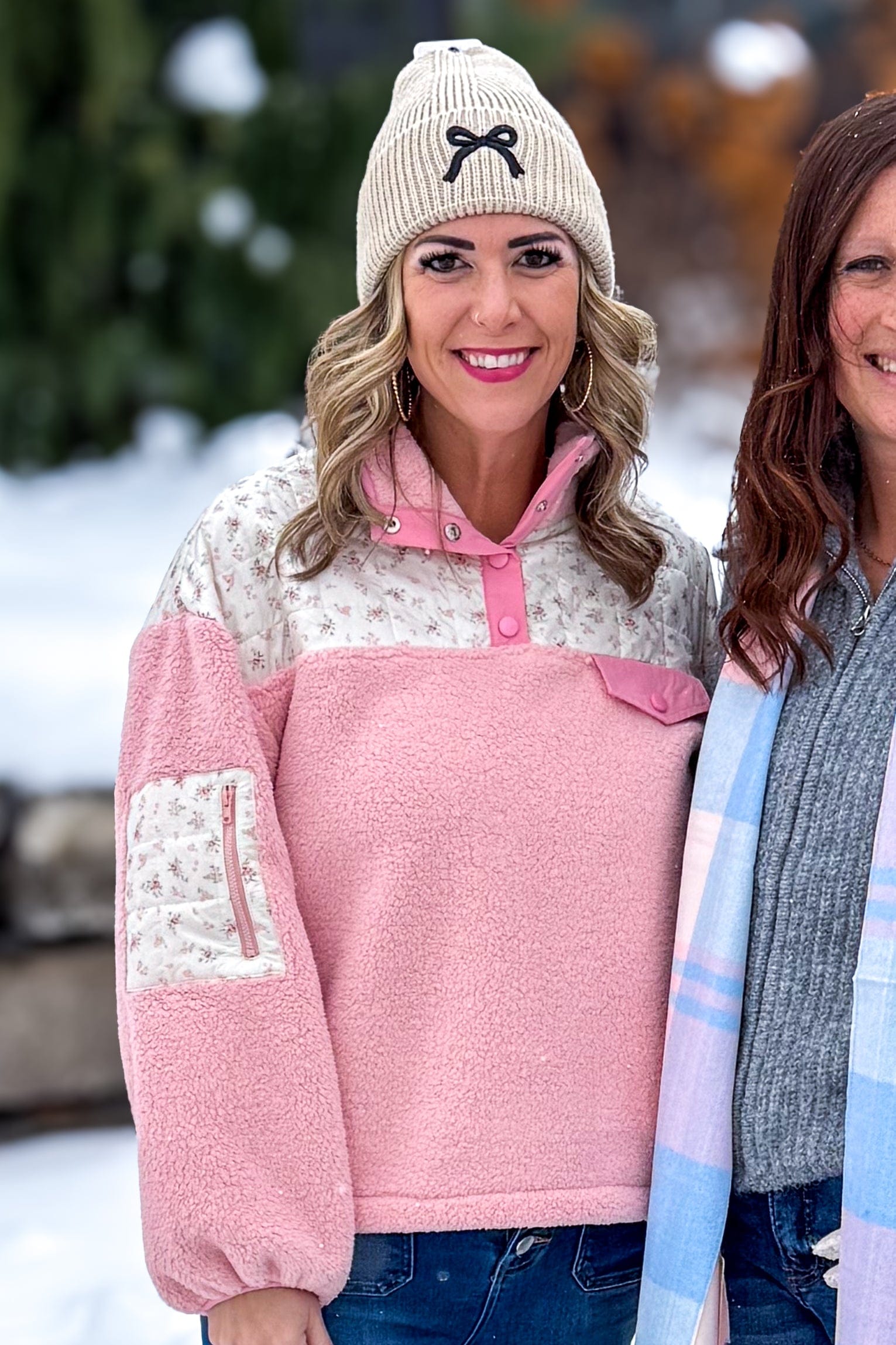 Pink Floral & Fleece Quarter Snap Sweater