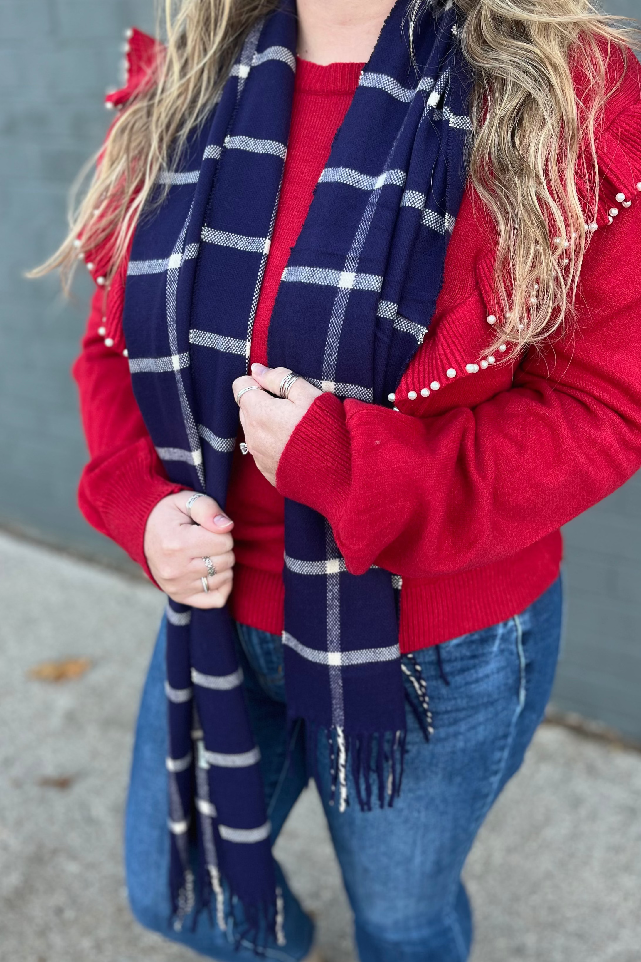Navy & Ivory Plaid Cashmere Feel Scarf