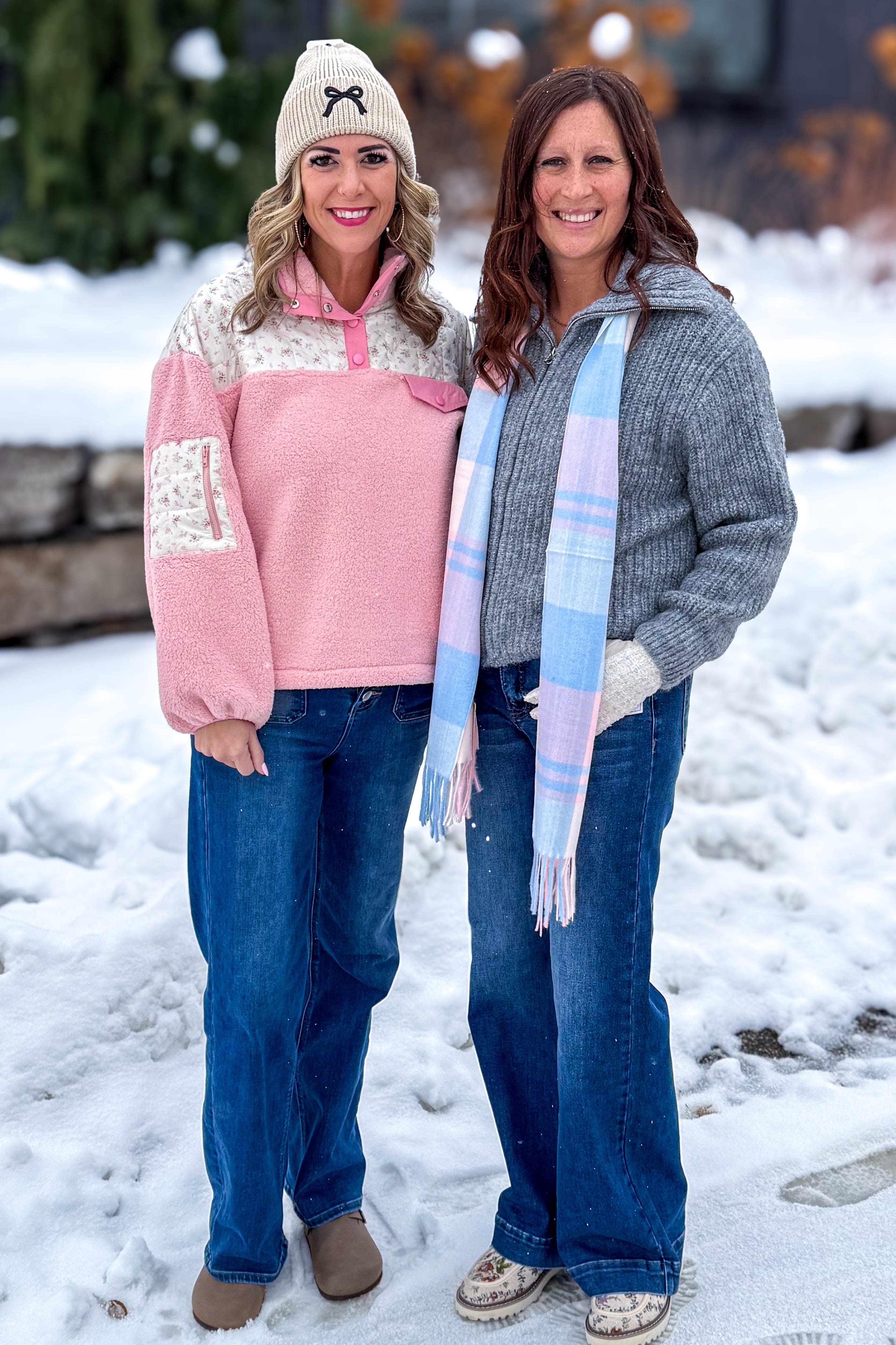 Pink Floral & Fleece Quarter Snap Sweater Styled