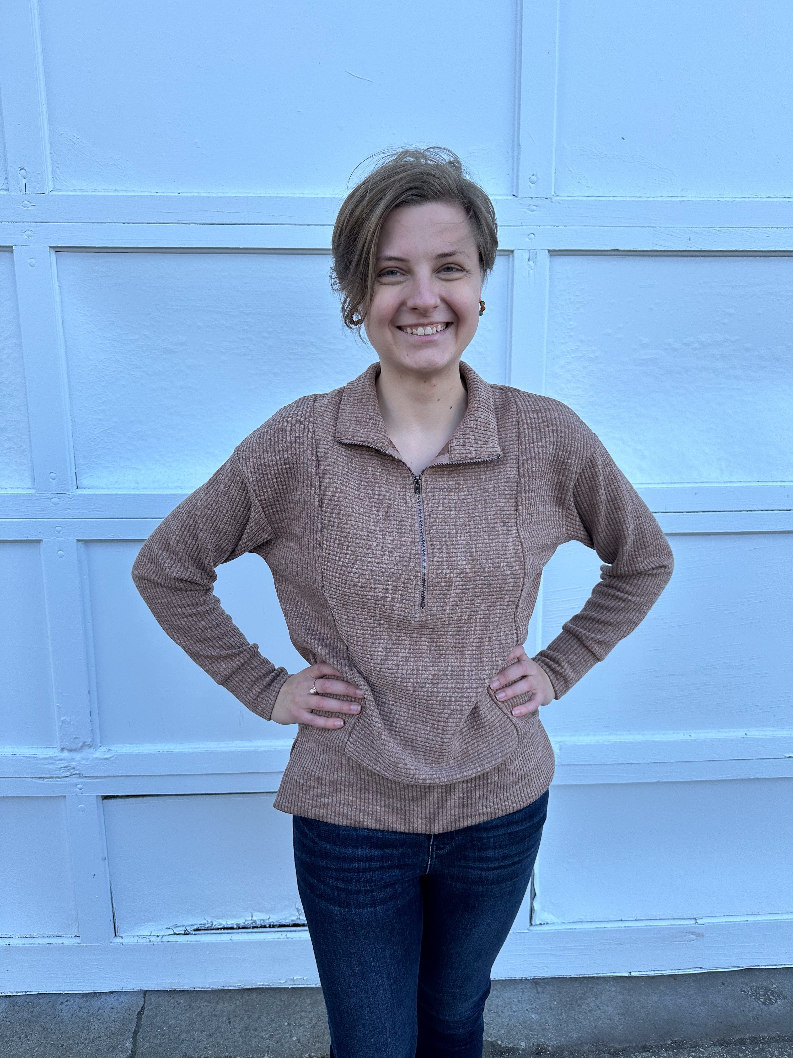 Mocha Half Zip-Up Textured Top