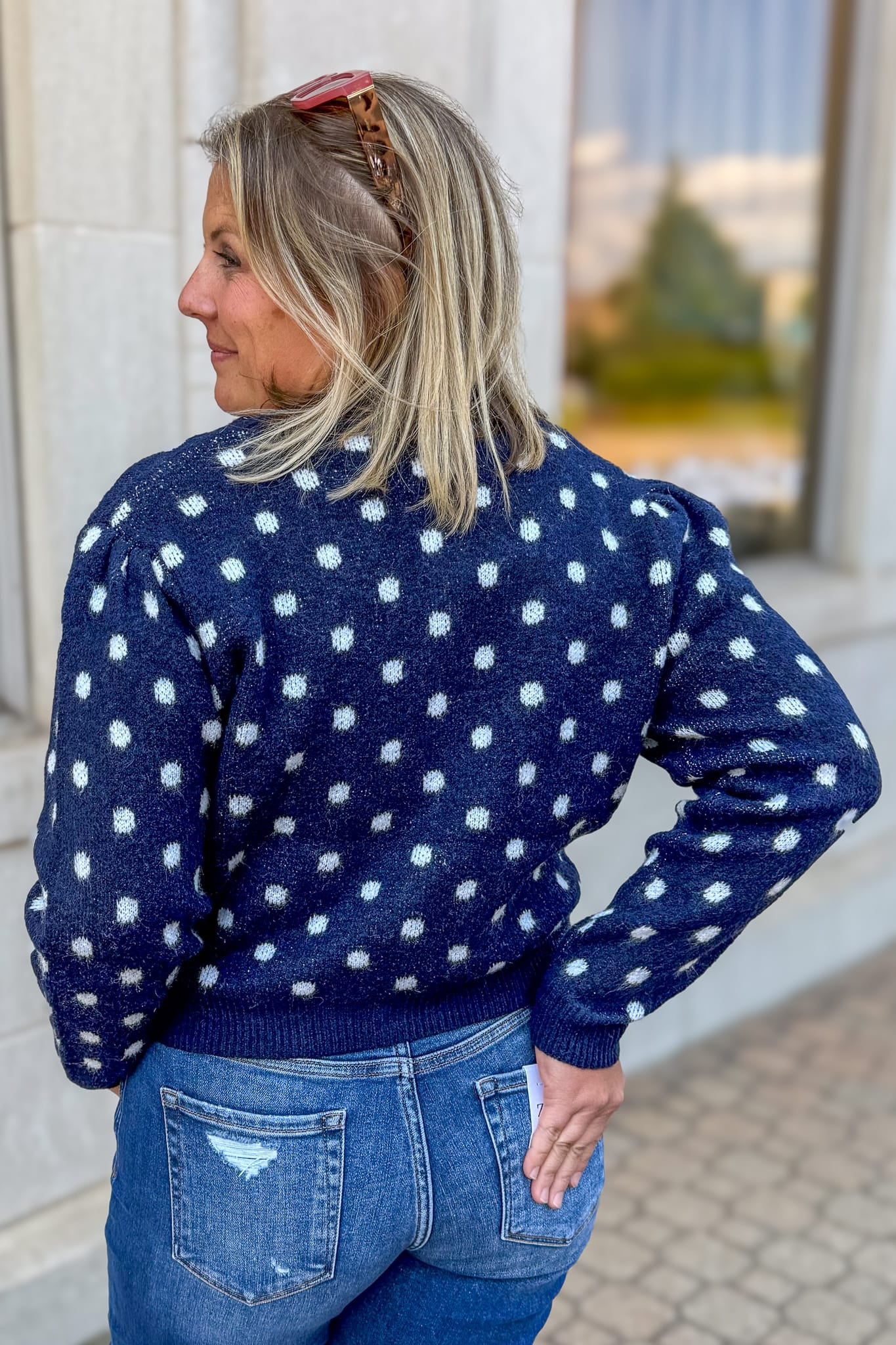 Navy Polka Dot Cardigan Sweater Back