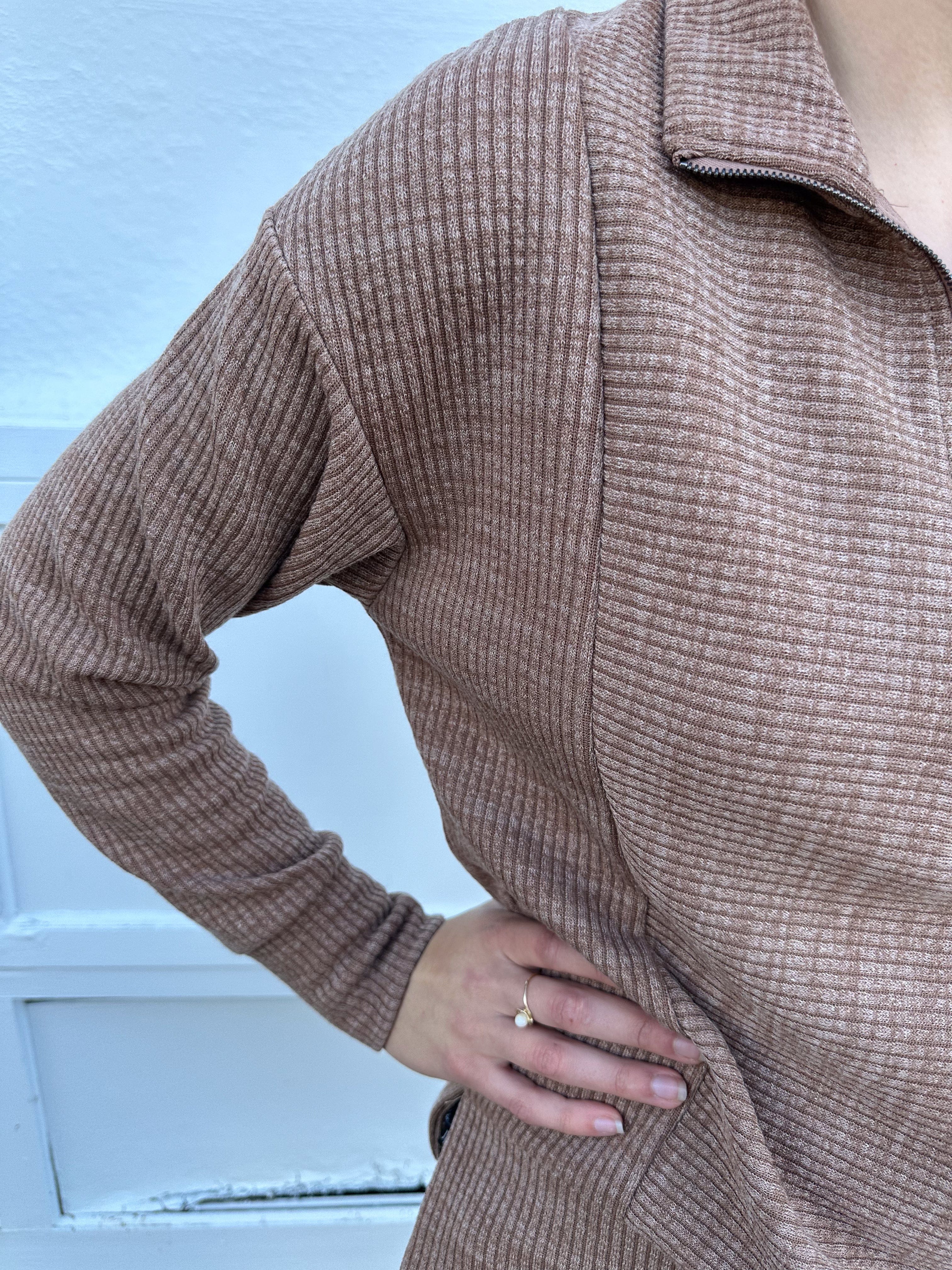 Mocha Half Zip-Up Textured Top