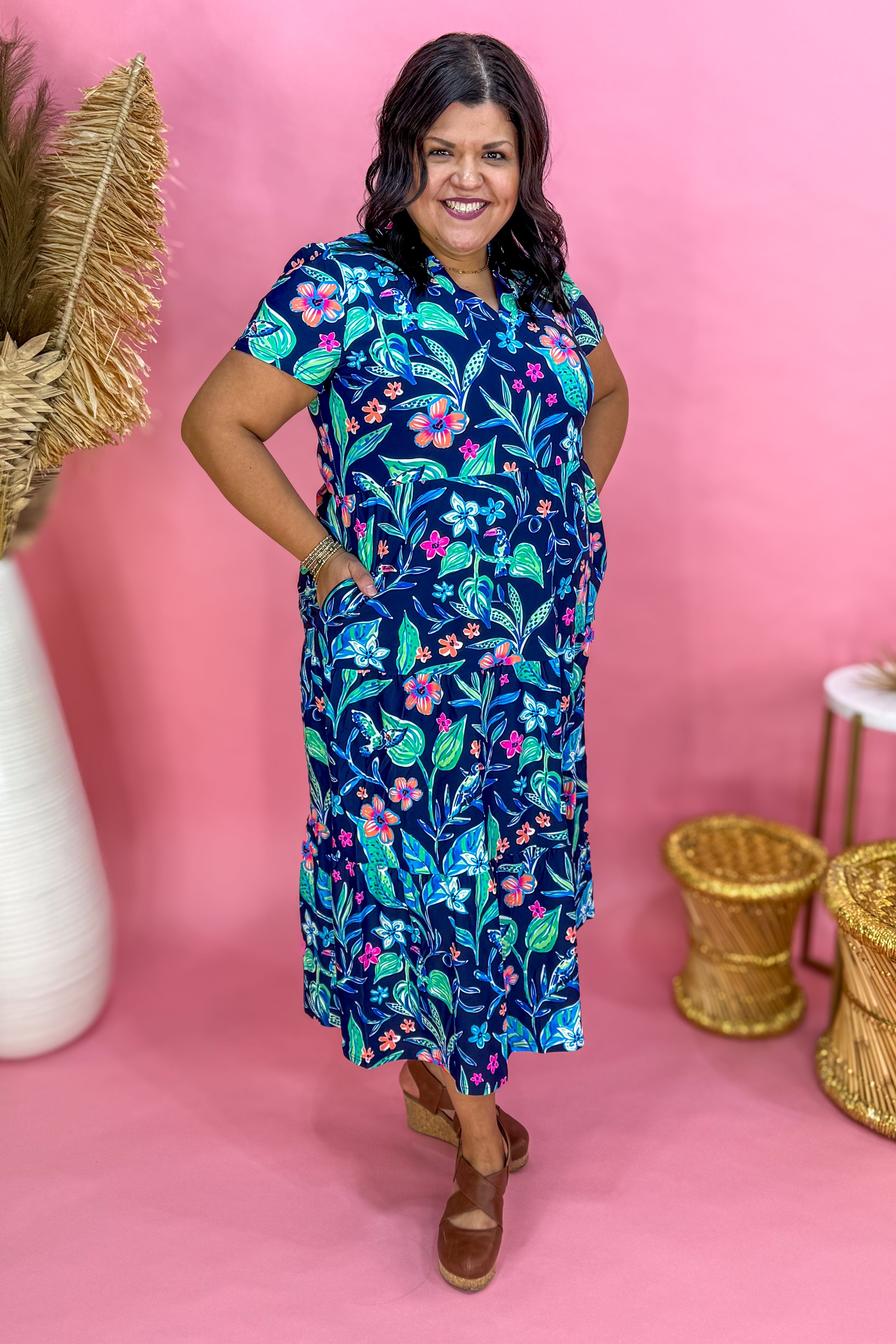 Navy Multi Floral Gail Tiered Midi Dress