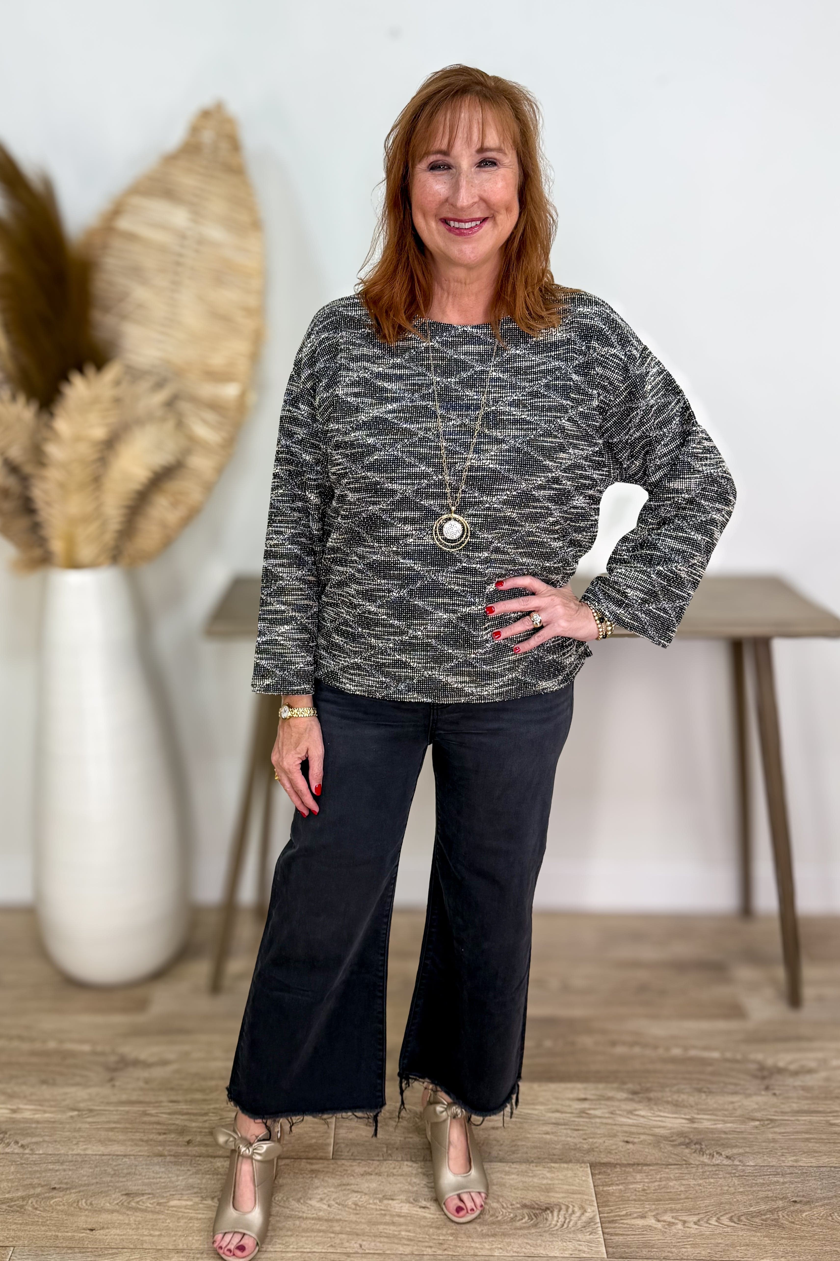 Black & Cream Texture Long Sleeve Top styled