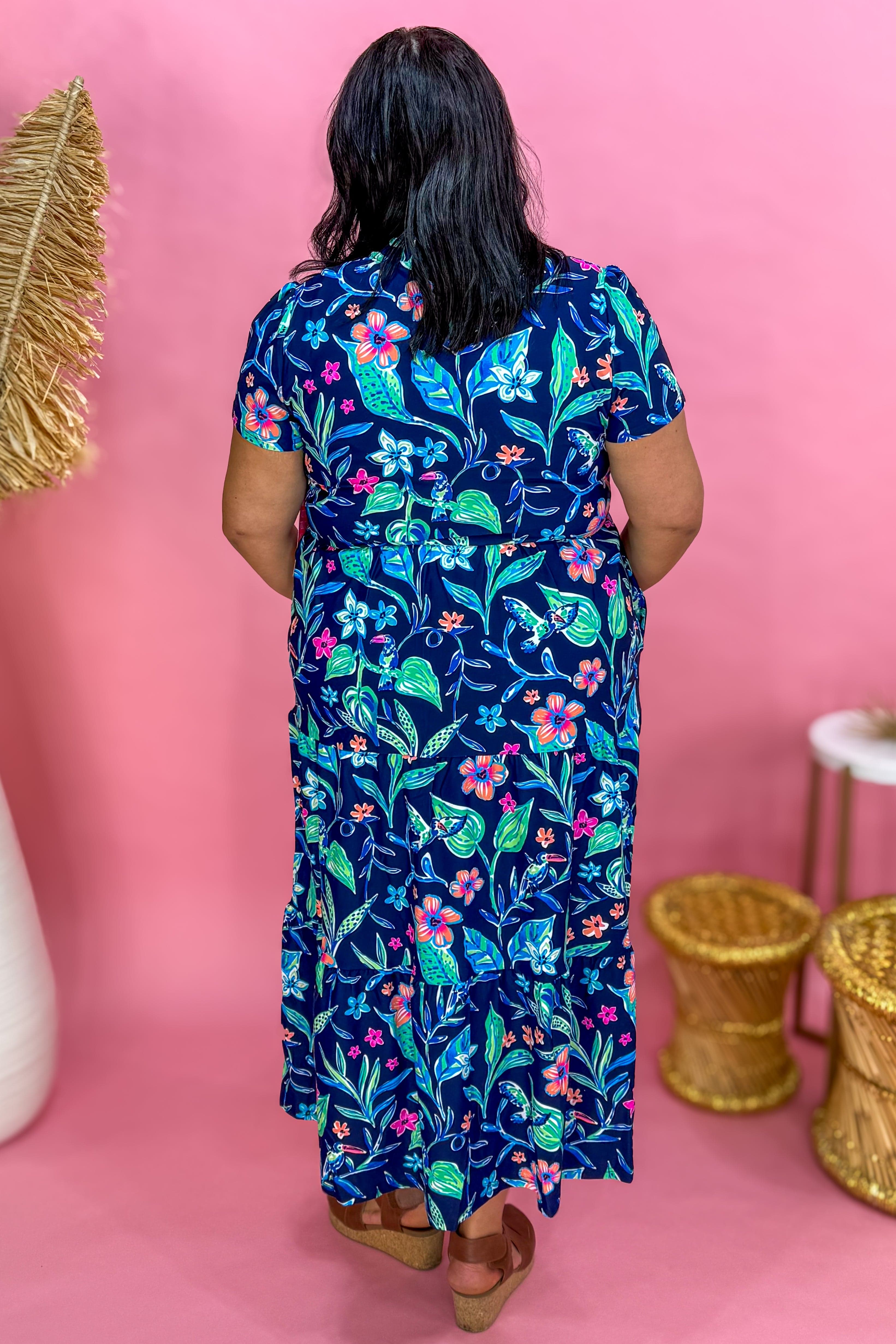 Navy Multi Floral Gail Tiered Midi Dress Back