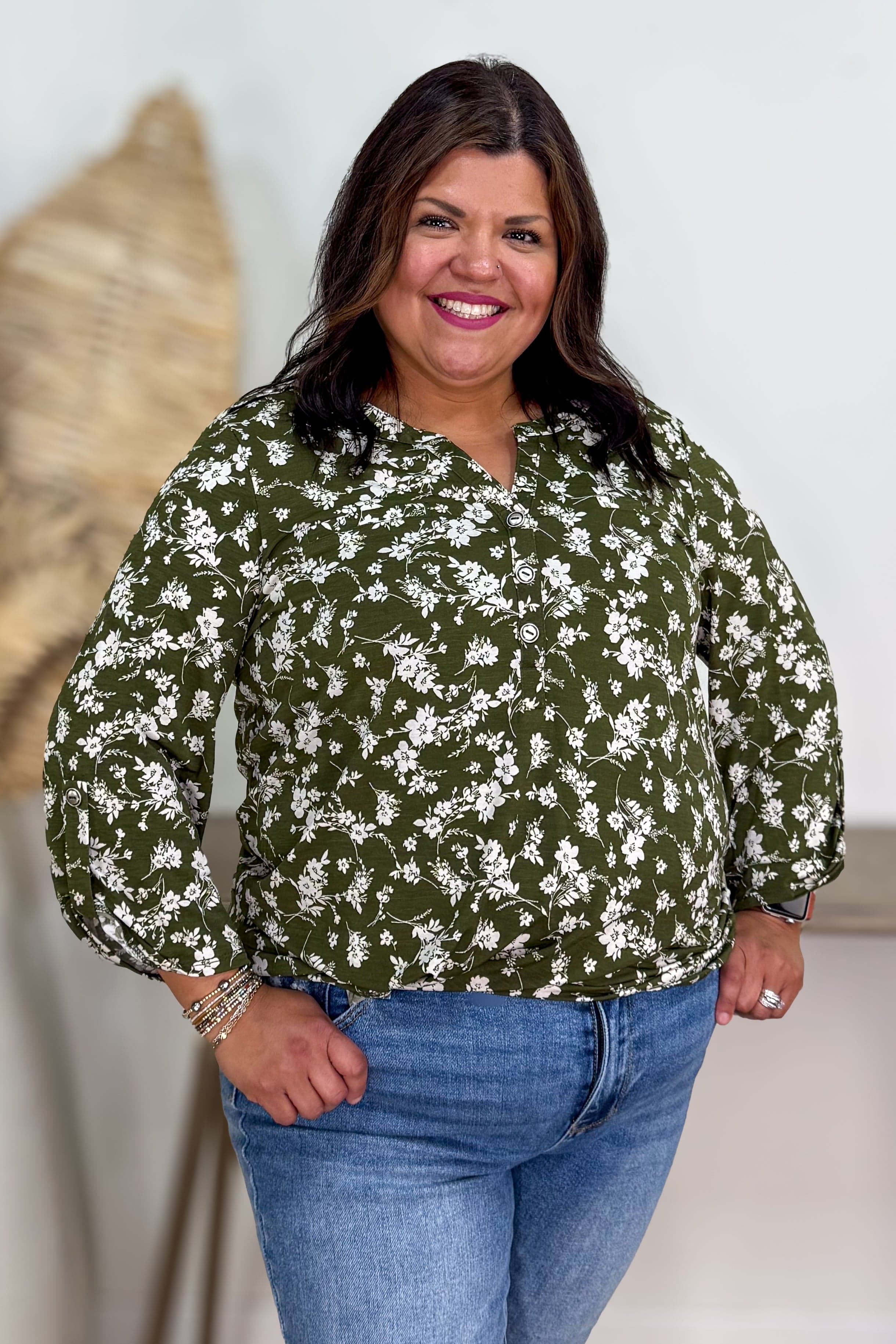Olive Floral Button Lizzy Blouse