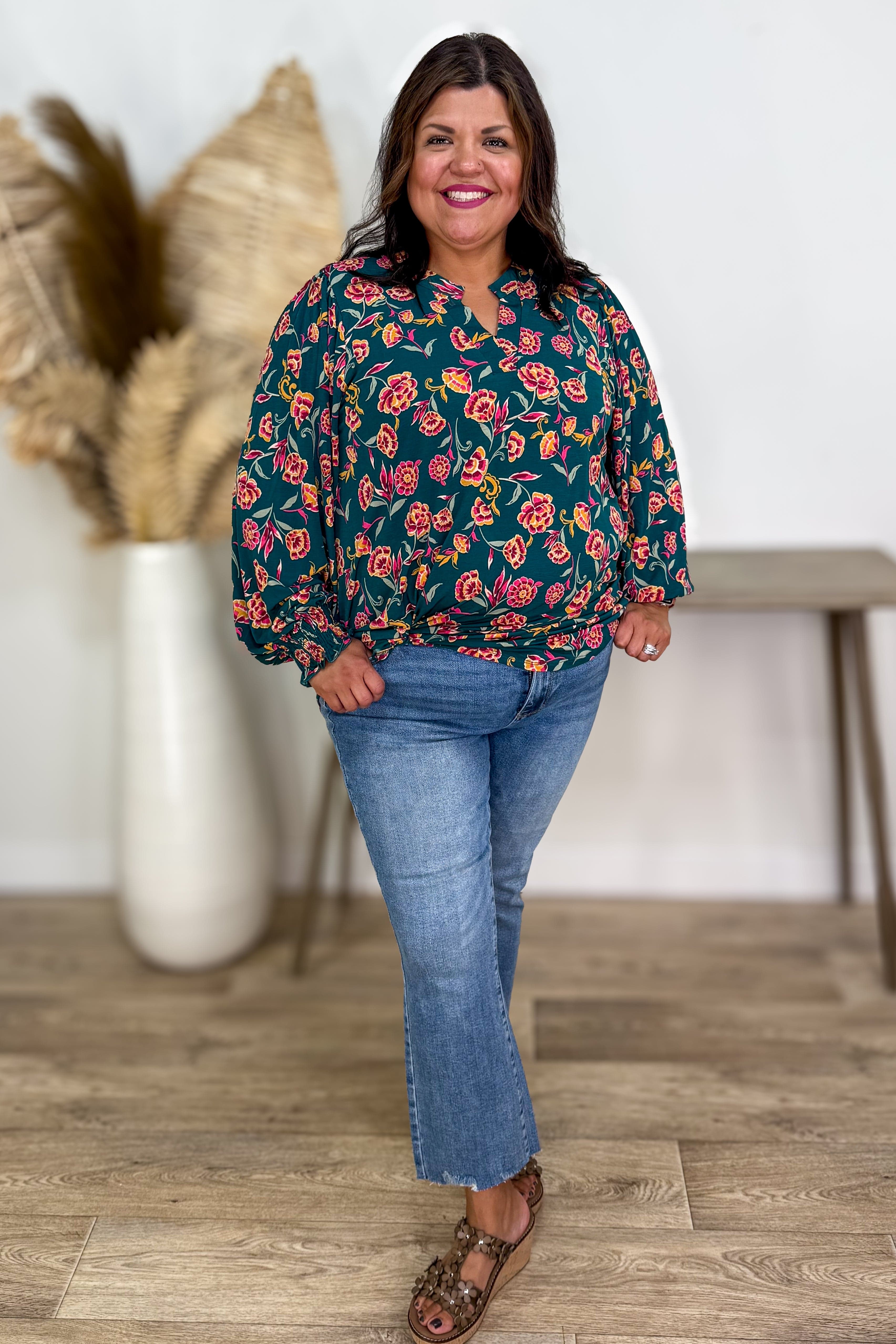 Jewel Green Floral Smocked Sleeve Lizzy Blouse styled