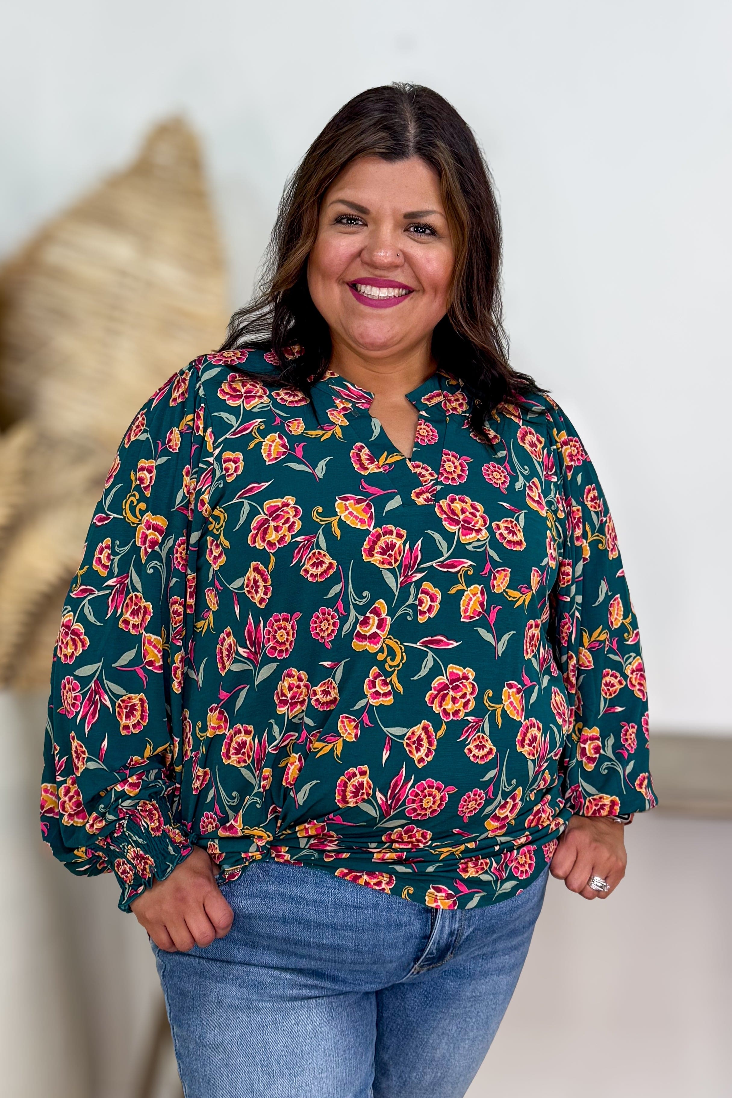 Jewel Green Floral Smocked Sleeve Lizzy Blouse