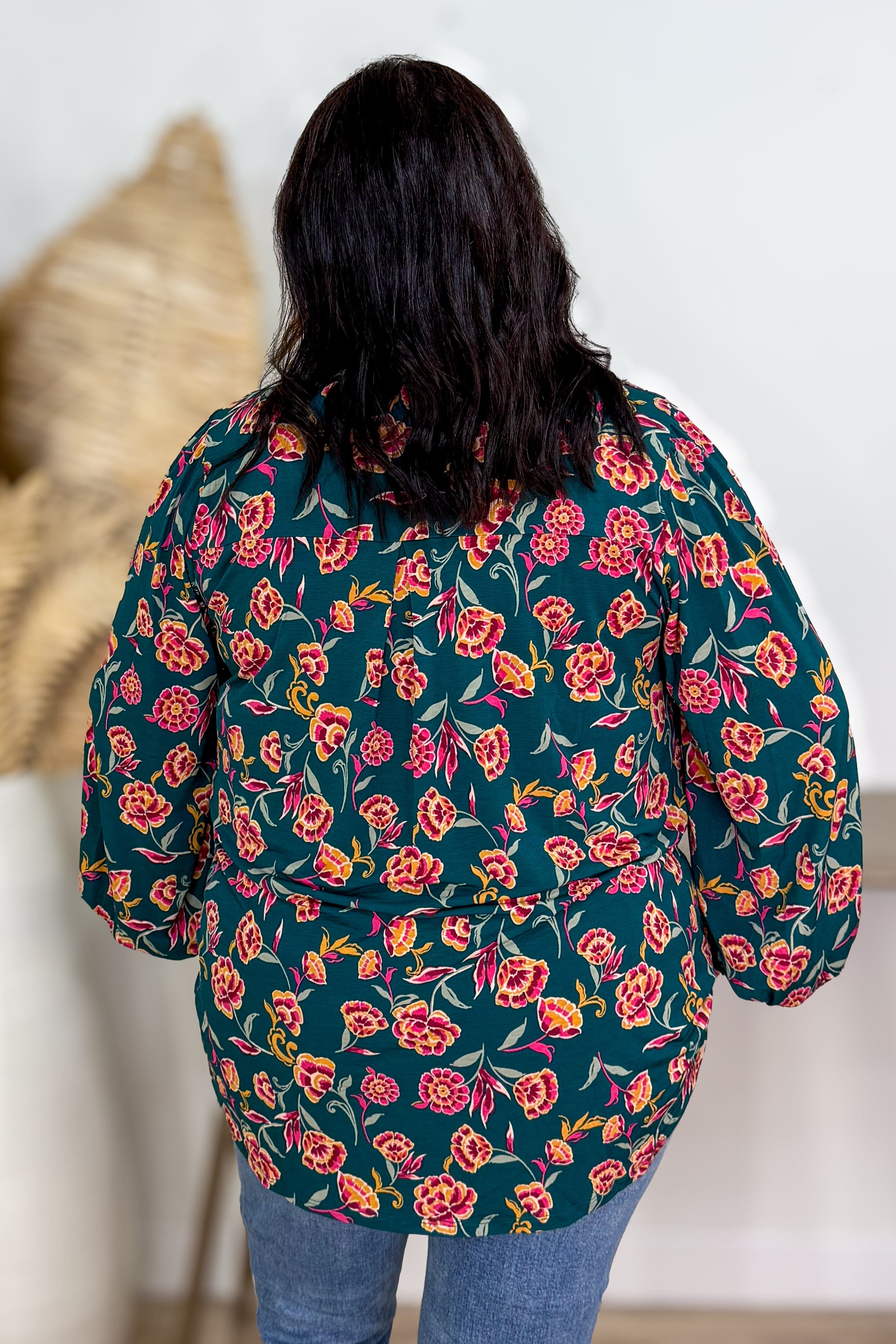 Jewel Green Floral Smocked Sleeve Lizzy Blouse back