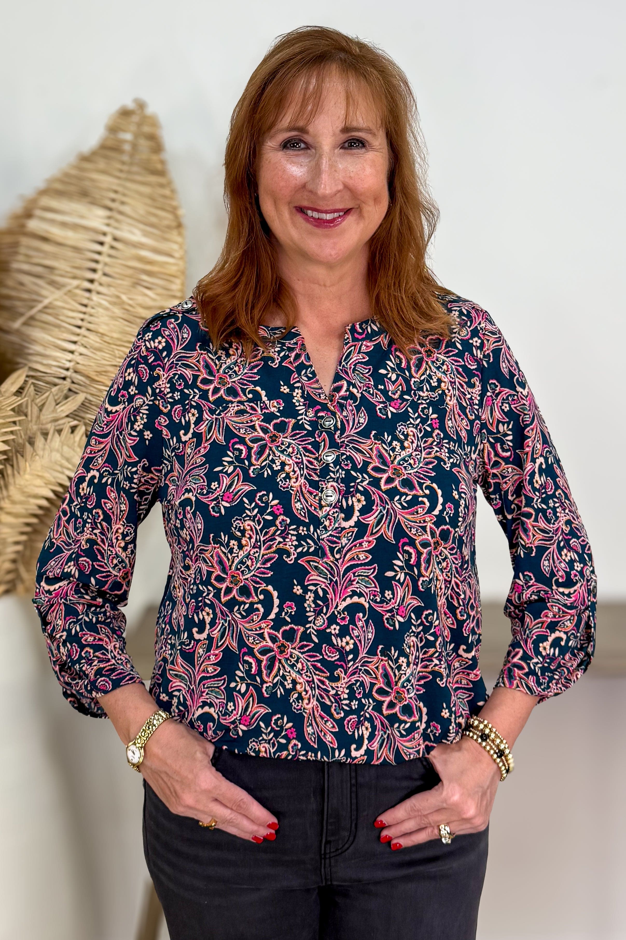 Dark Teal & Pink Paisley Button Lizzy Blouse