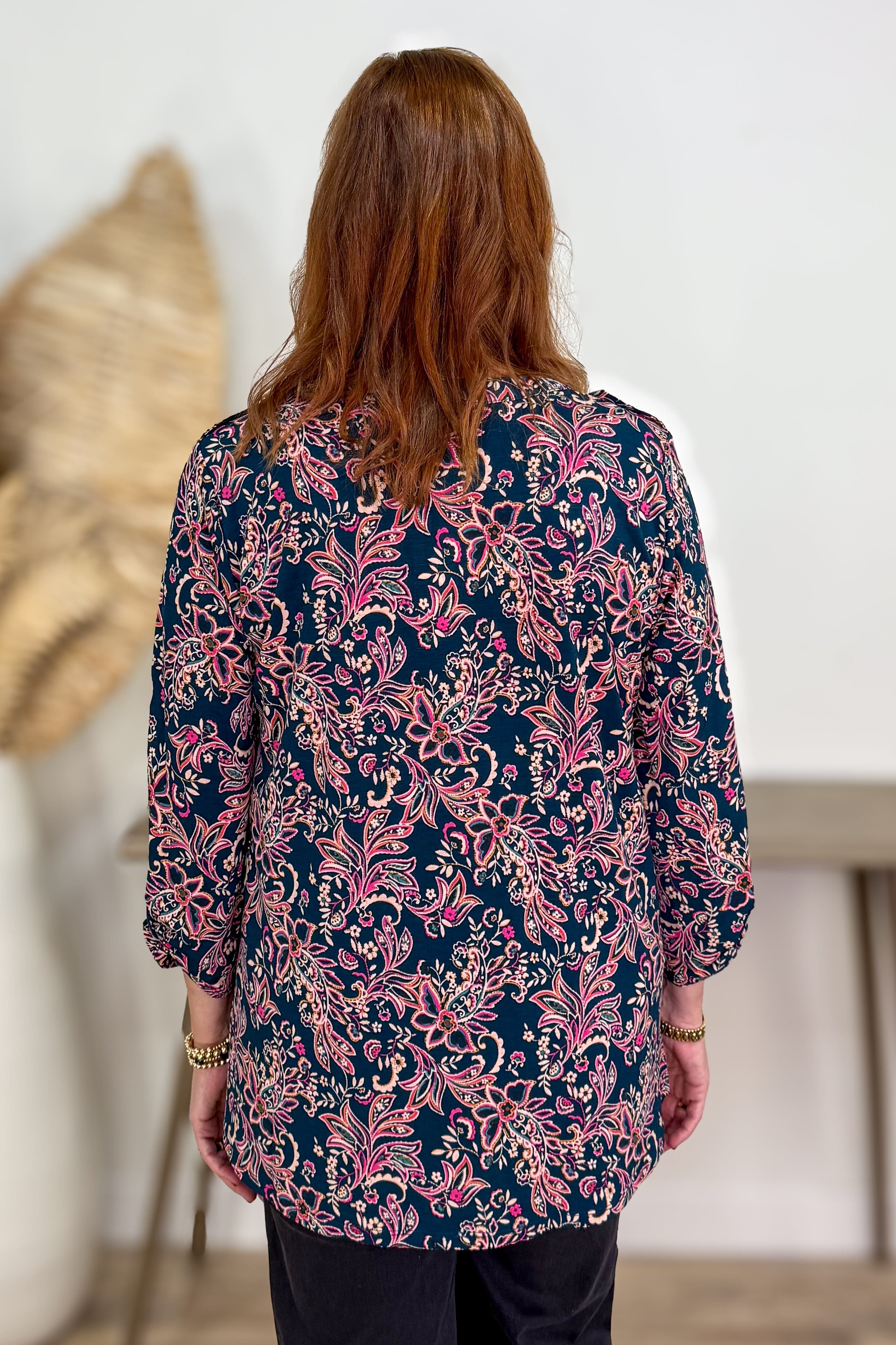 Dark Teal & Pink Paisley Button Lizzy Blouse back