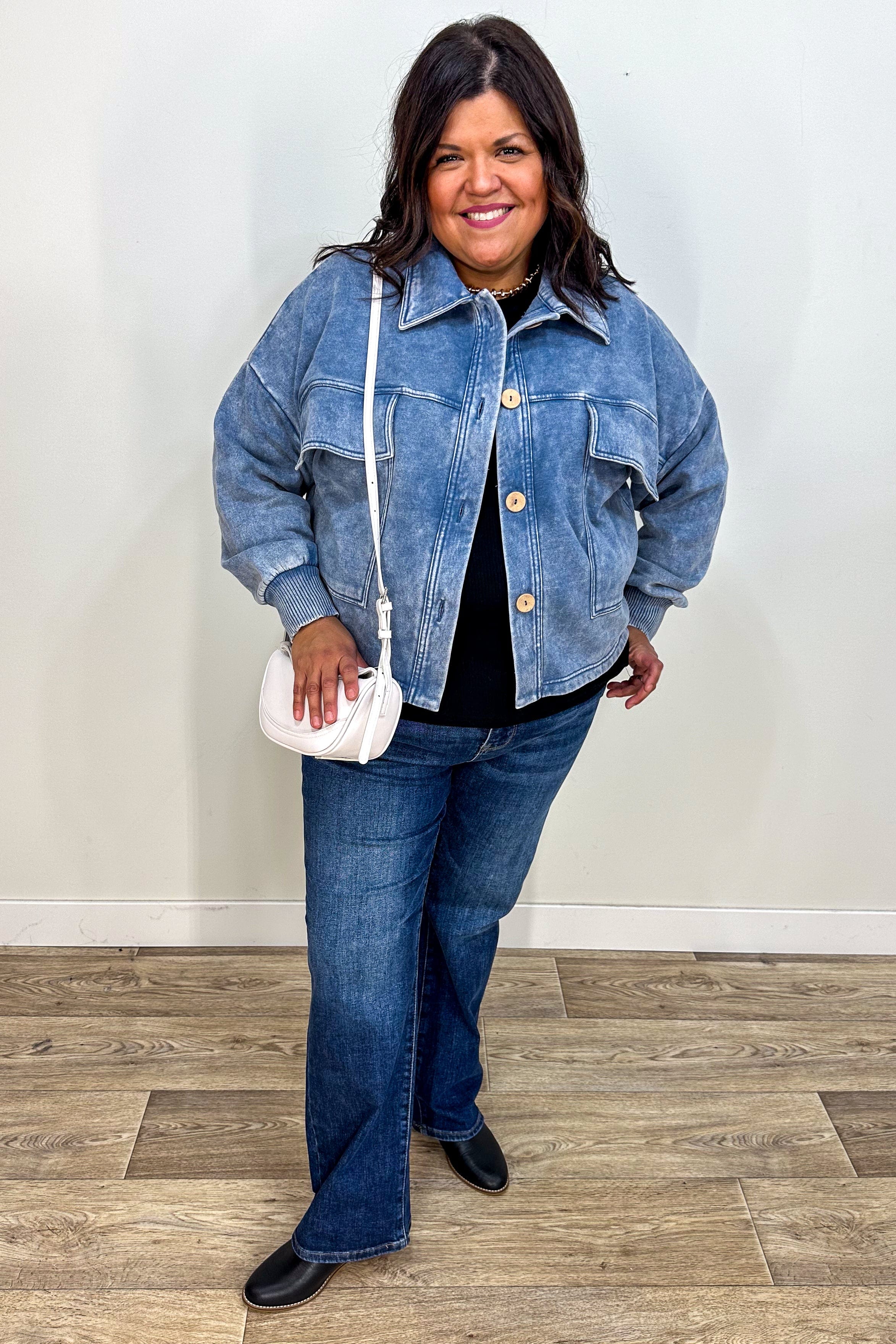 Dusty Blue Fleece Cropped Shacket styled