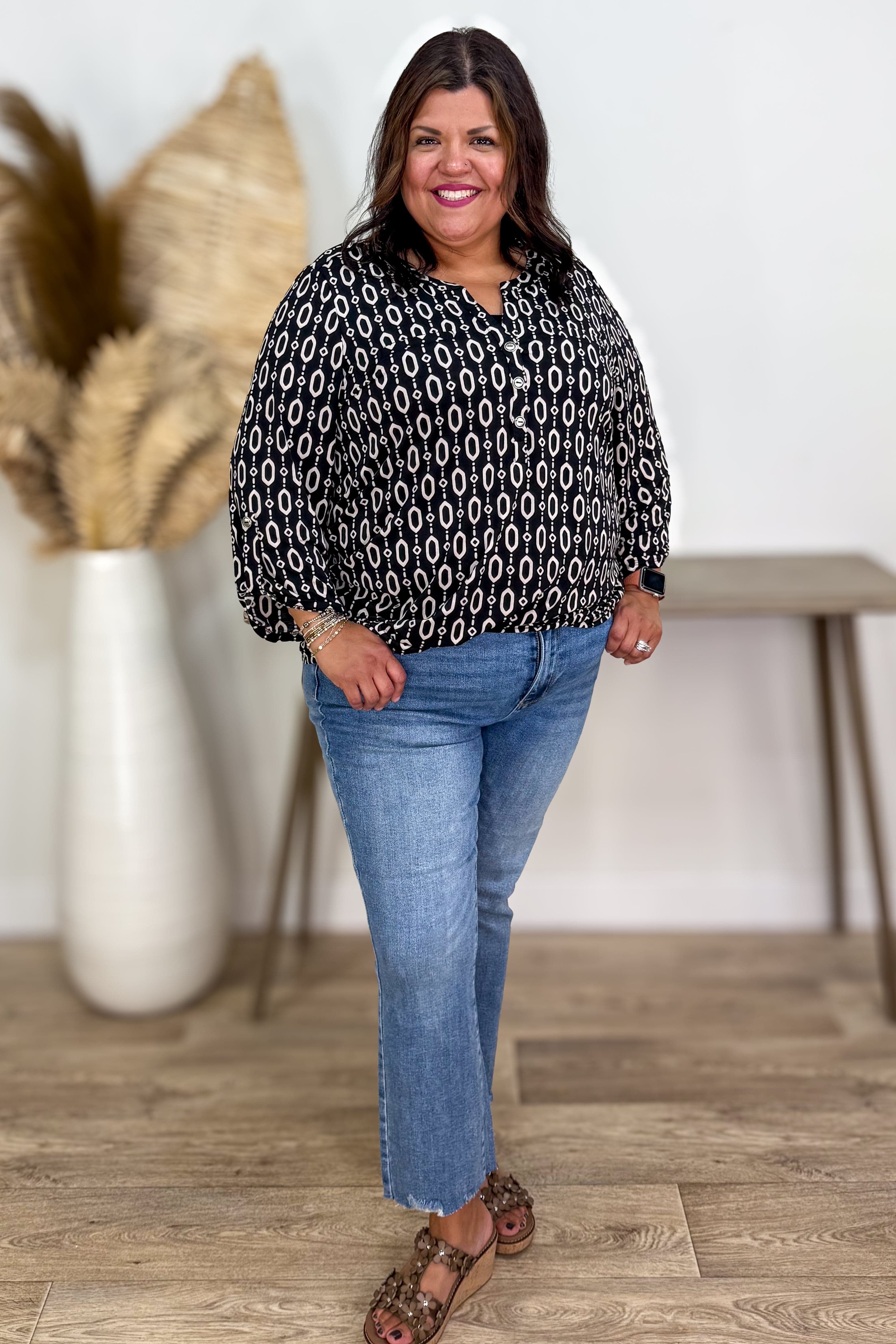 Black Geo Dot Button Lizzy Blouse styled