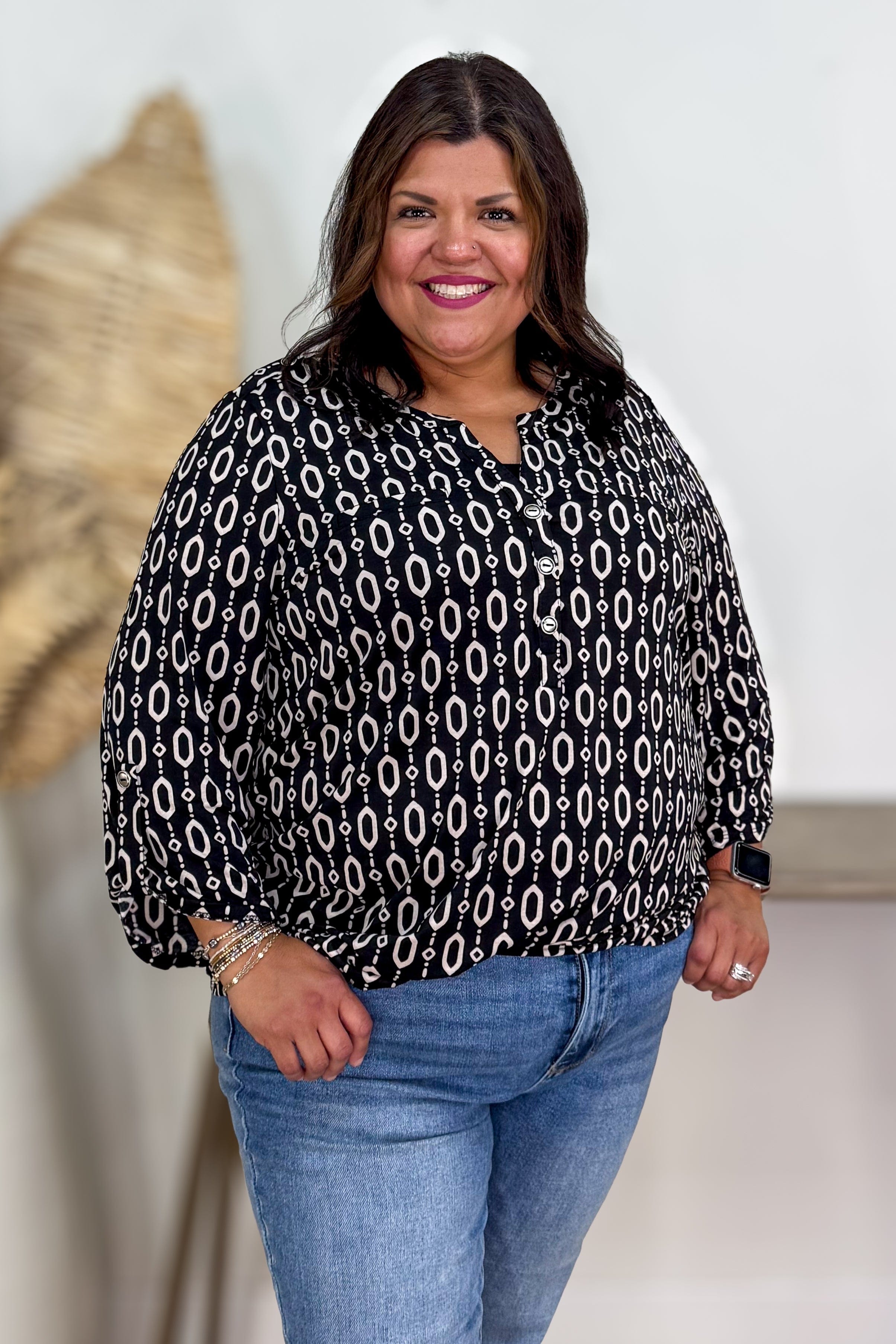Black Geo Dot Button Lizzy Blouse