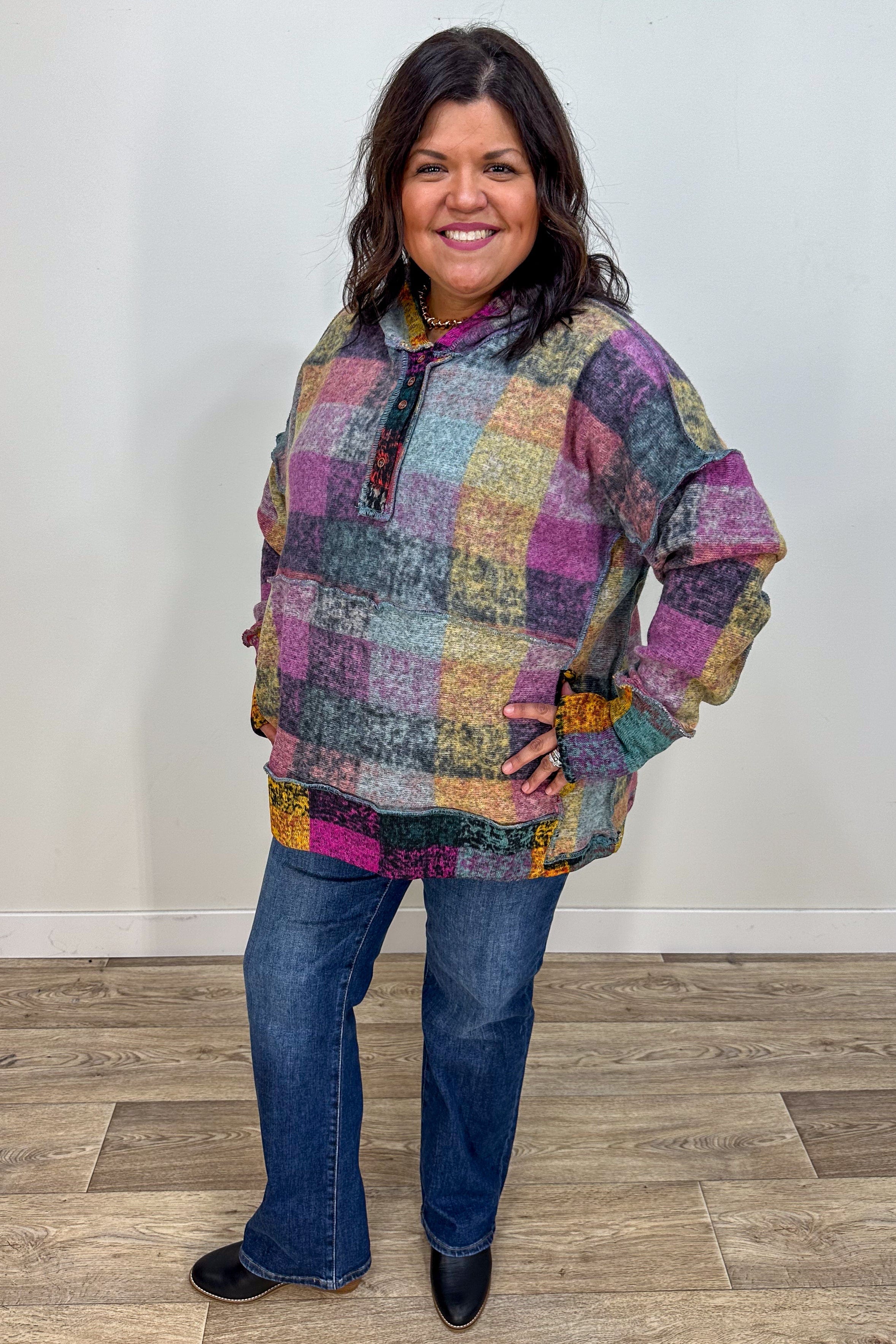 Lavender Multi Brushed Check Hoodie styled