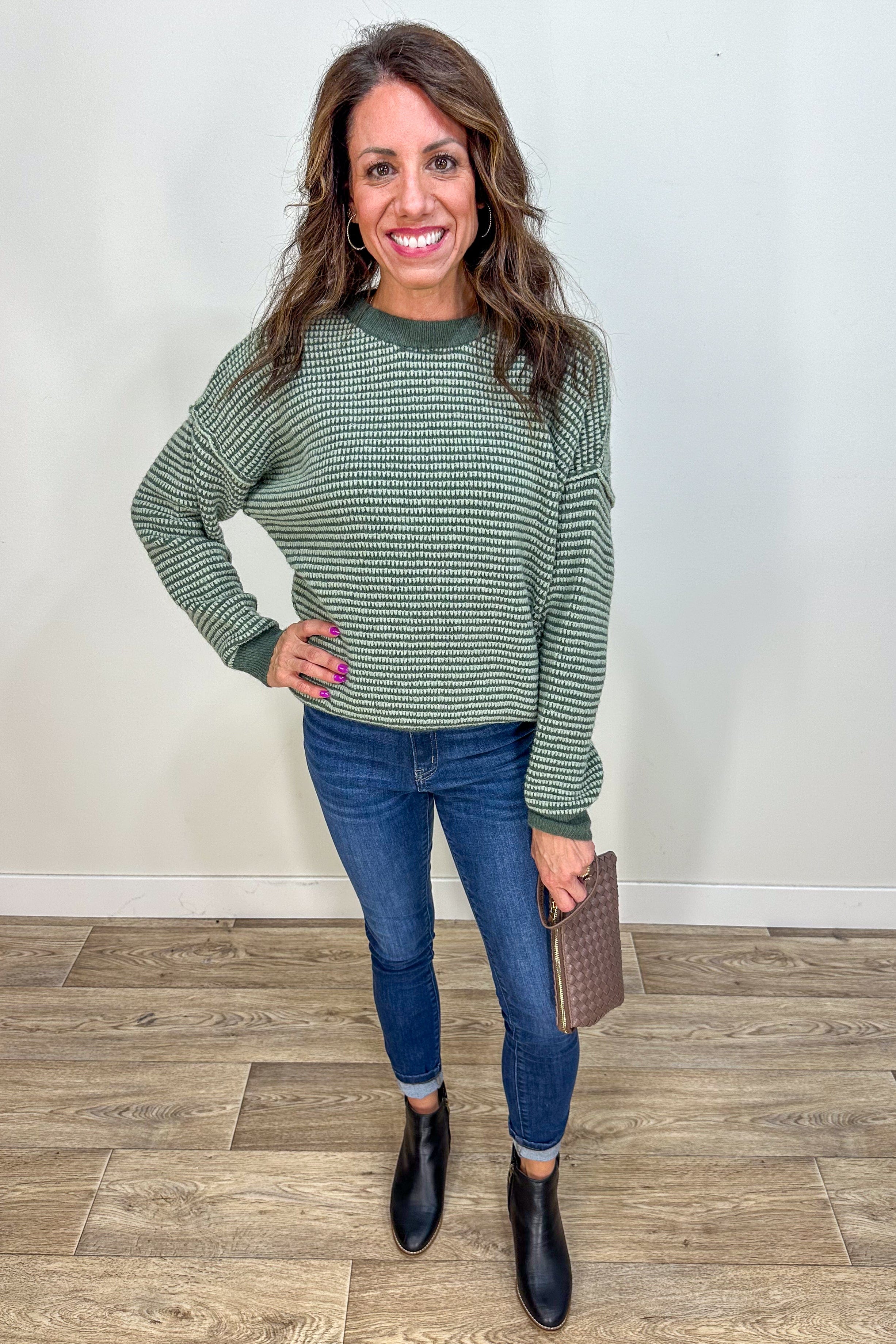 Sage Stripe Textured Sweater styled