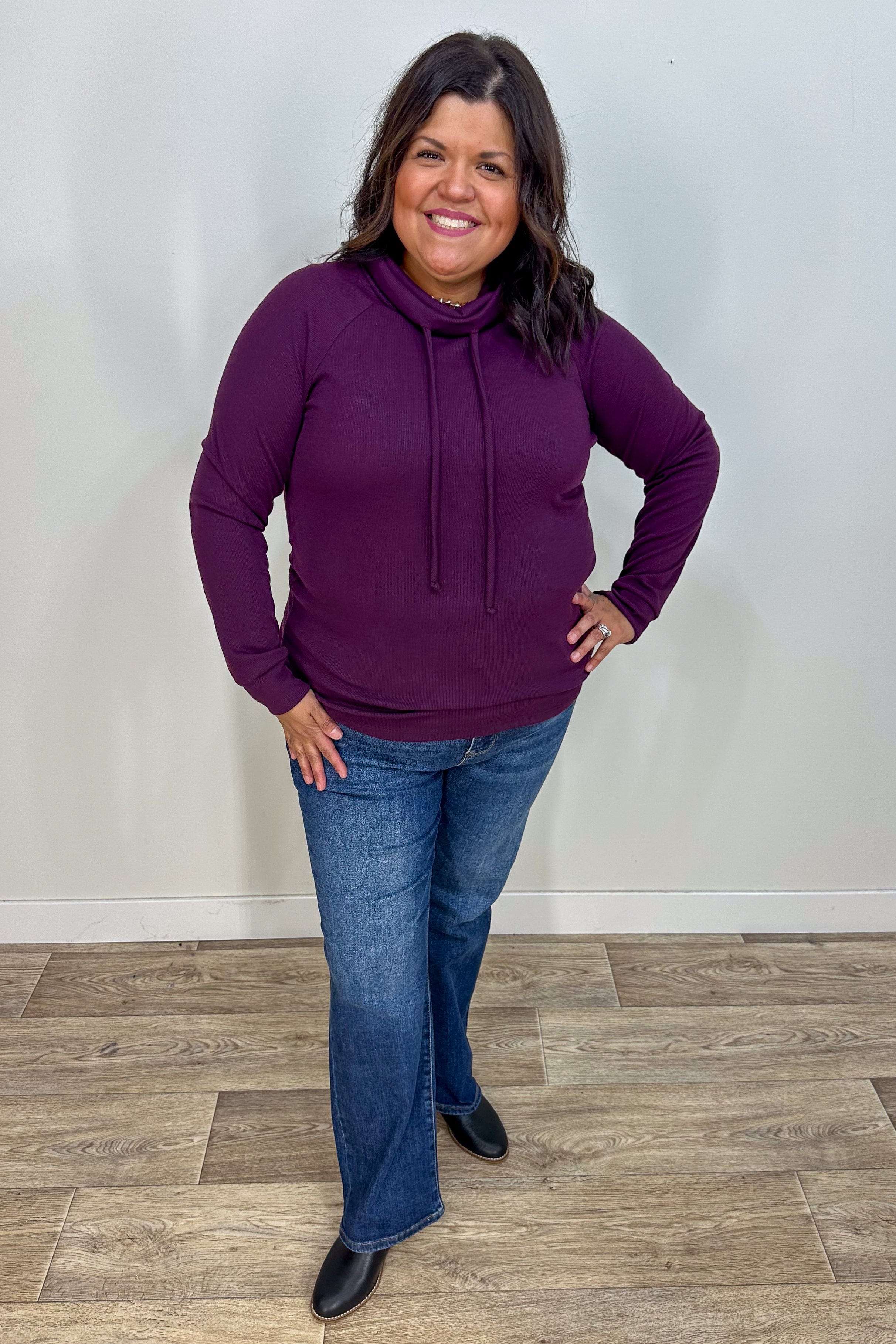 Plum Drawstring Cowl Top styled
