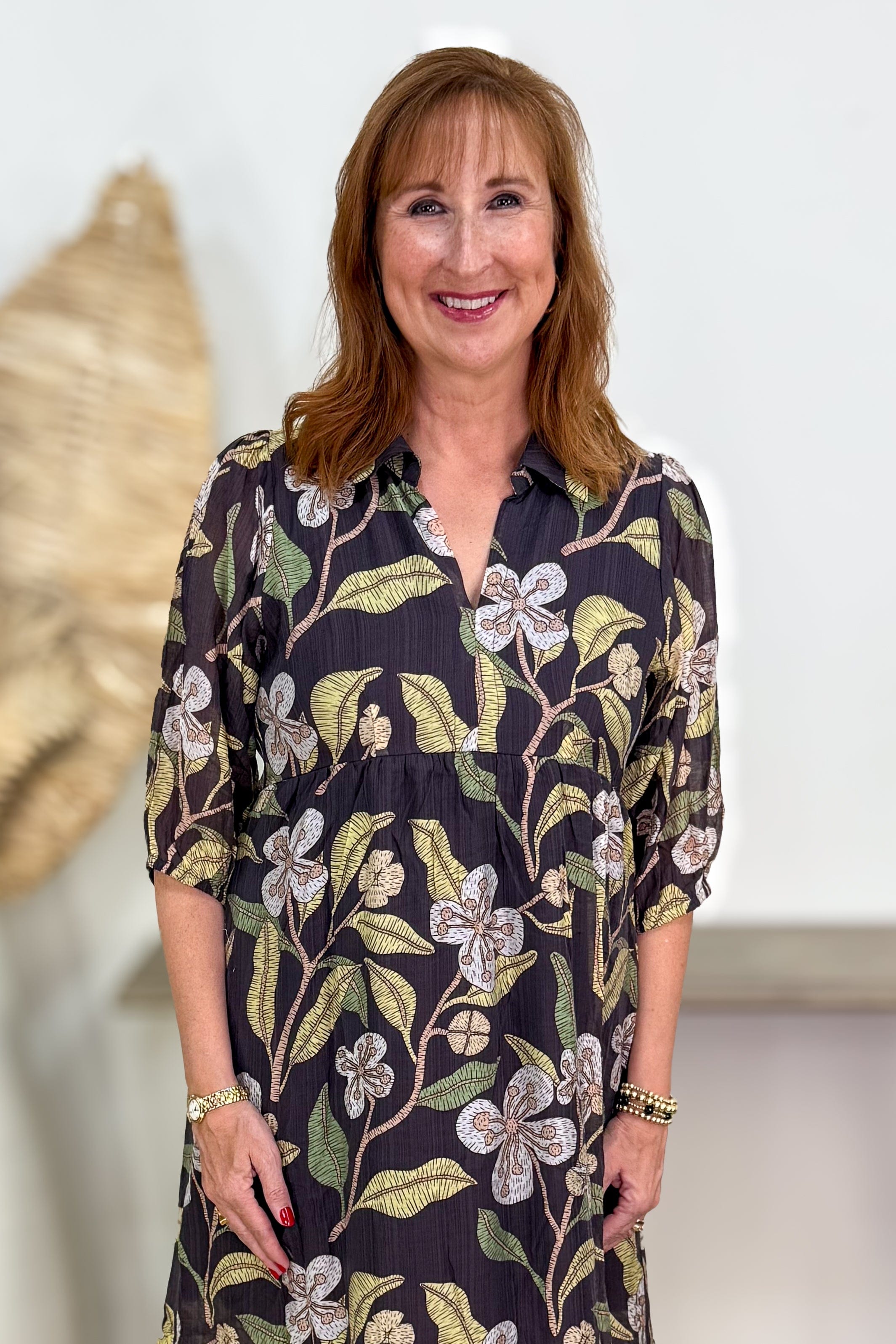 Brown Floral Collared Midi Dress Detailed