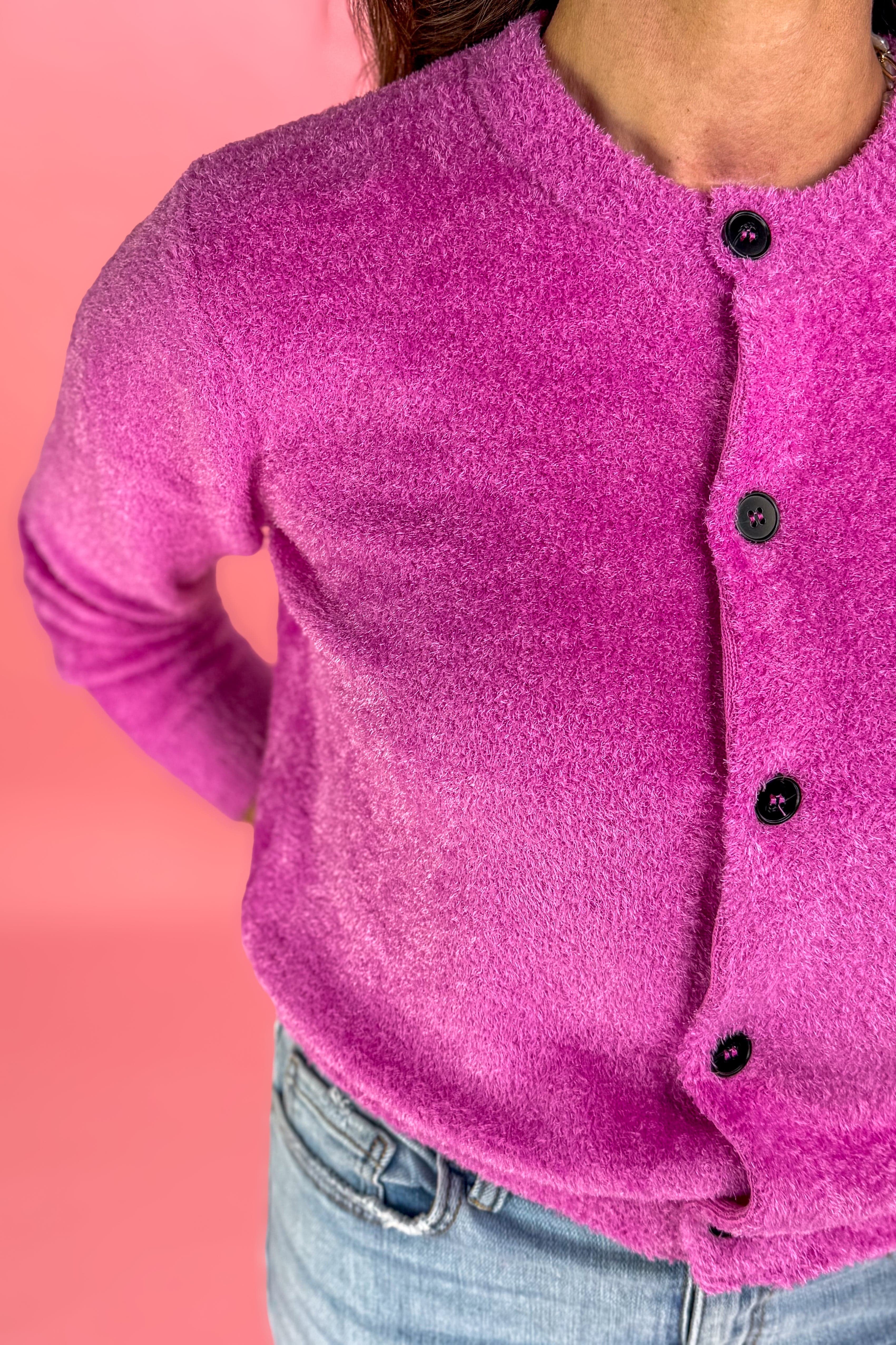 Bright Mauve 5 Button Sweater button detail