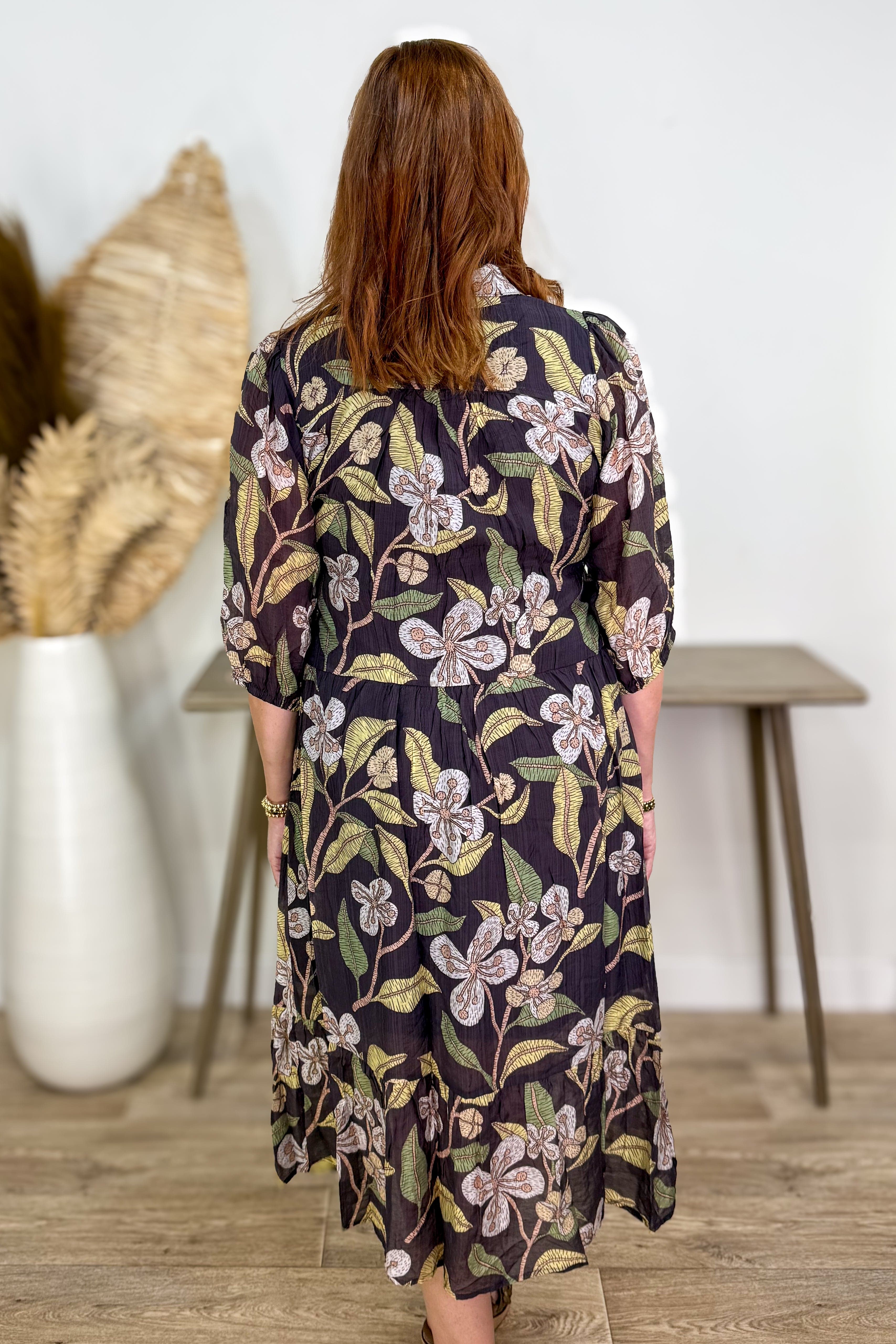 Brown Floral Collared Midi Dress back