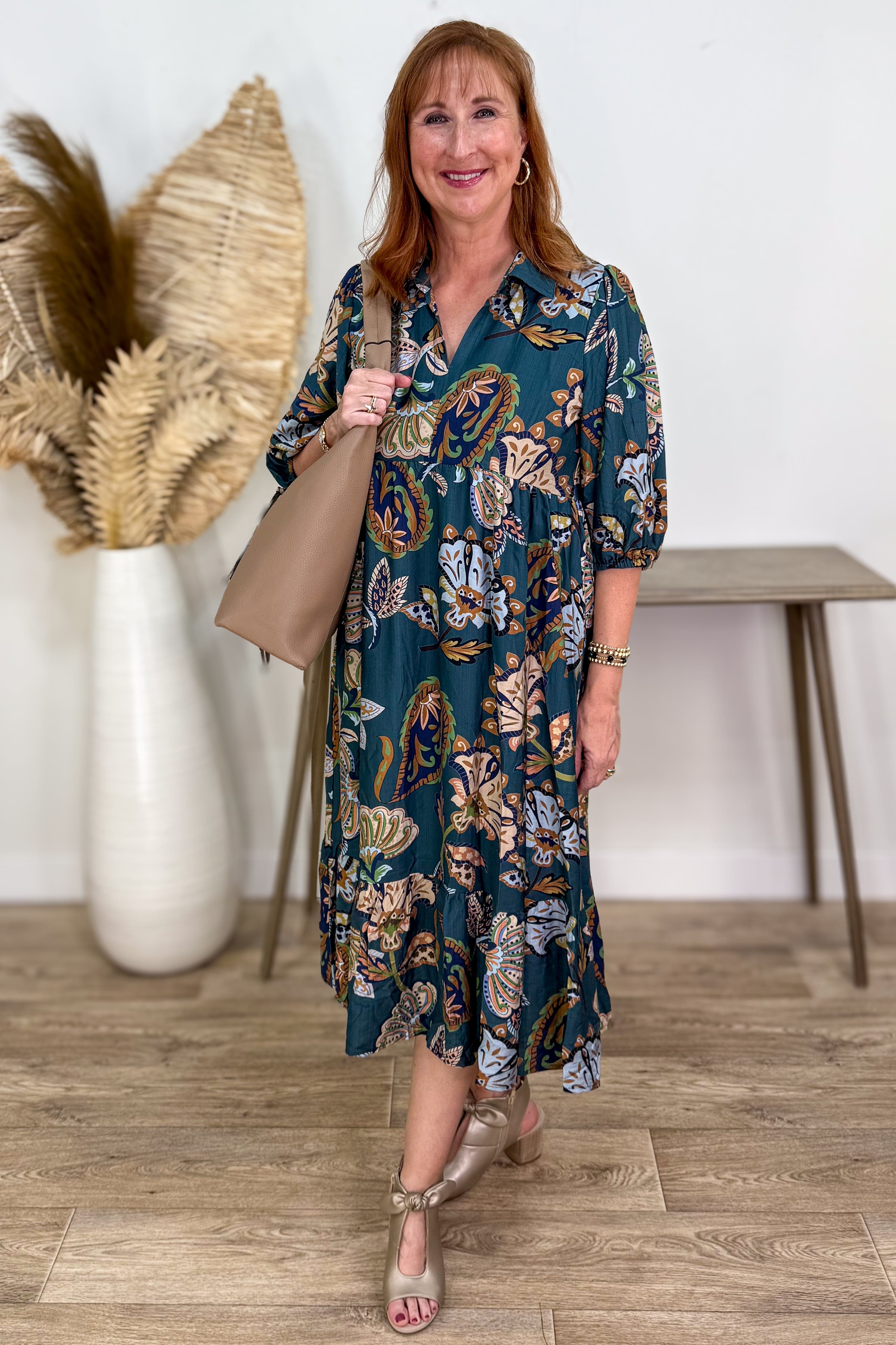 Teal Paisley Collared Maxi Dress styled
