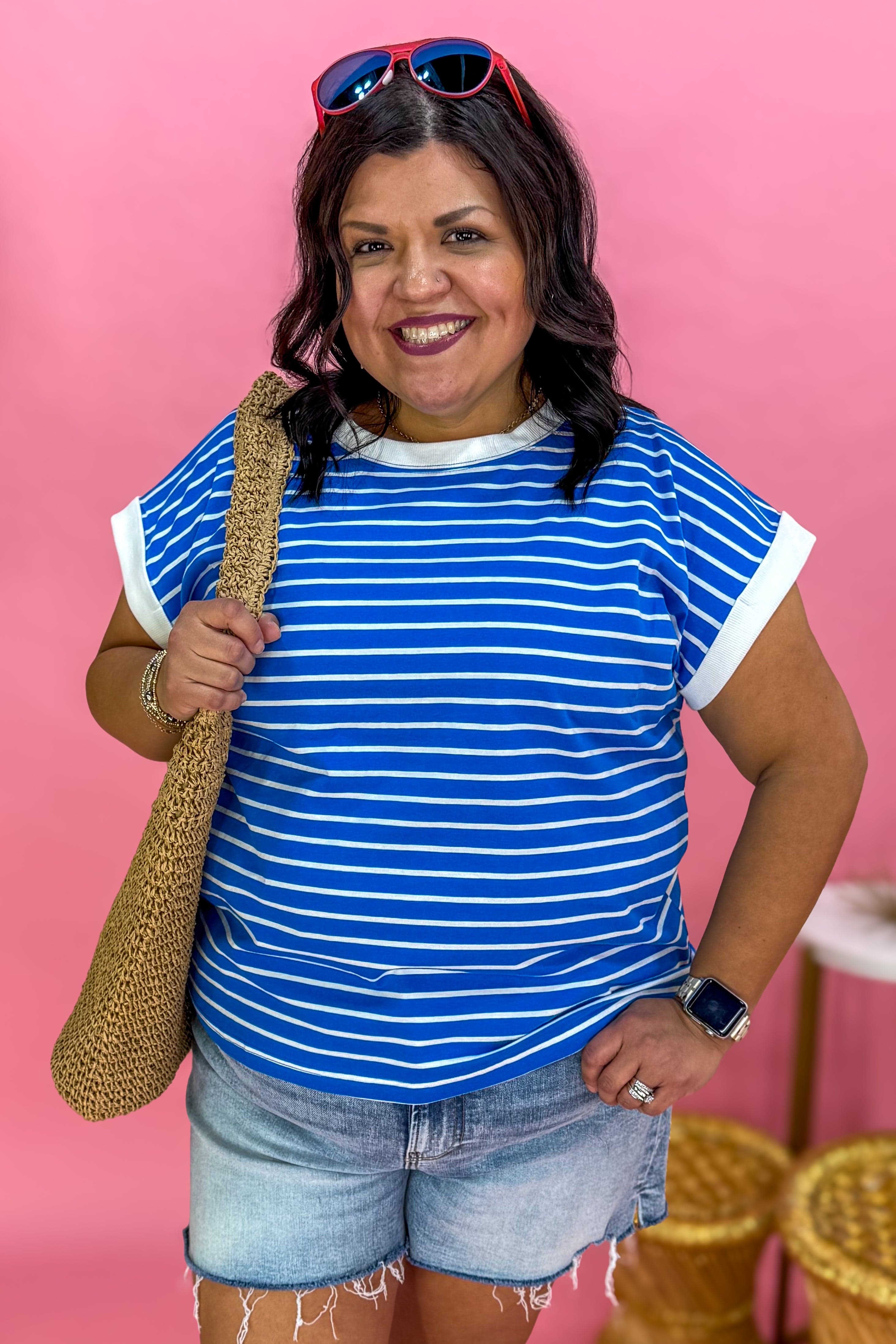 Ocean Blue Stripe Cap Sleeve Tee