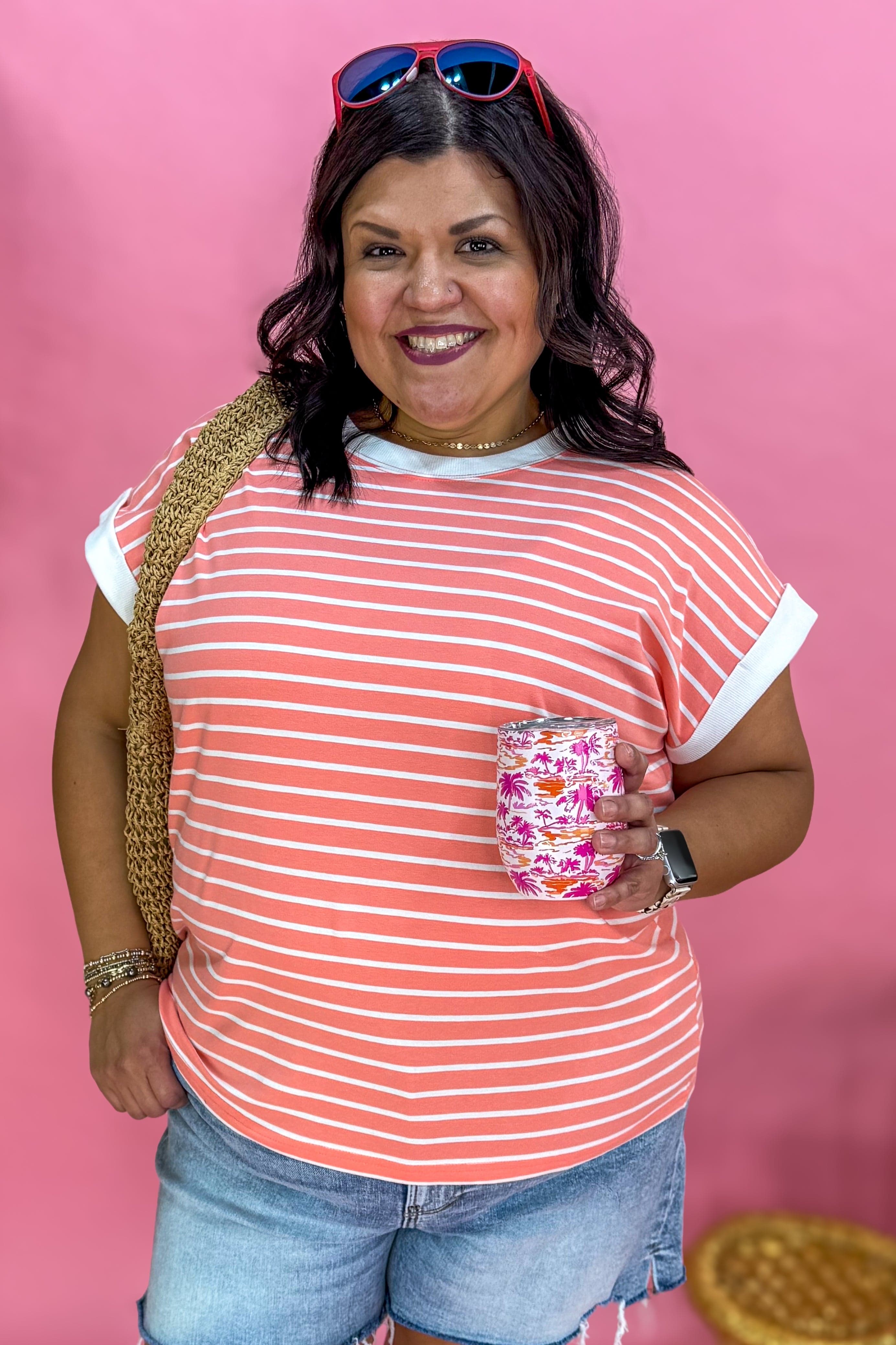 Coral Stripe Cap Sleeve Tee