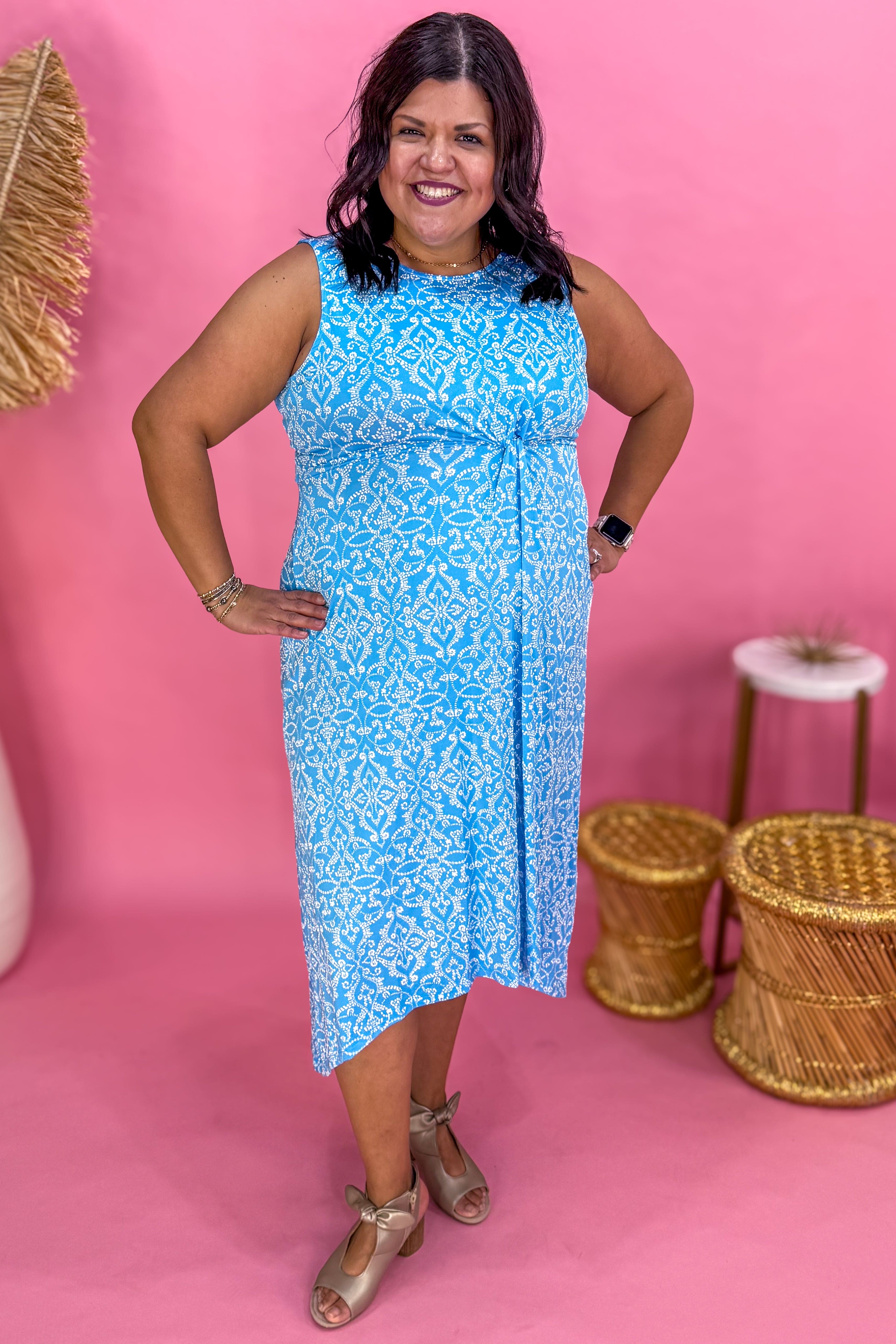 Blue Dress With White Print & Knot Detail