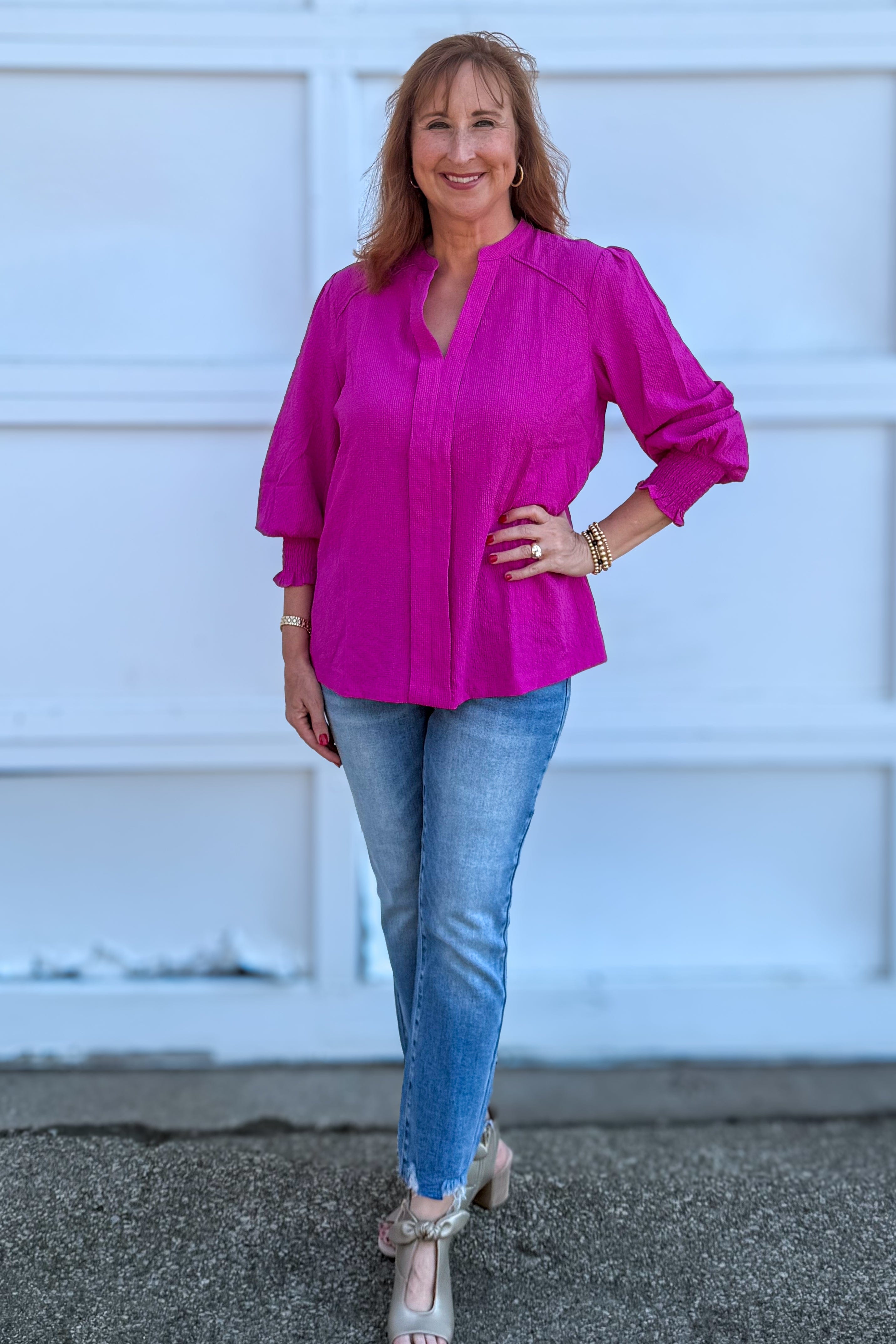 Magenta Piping Detail Top styled