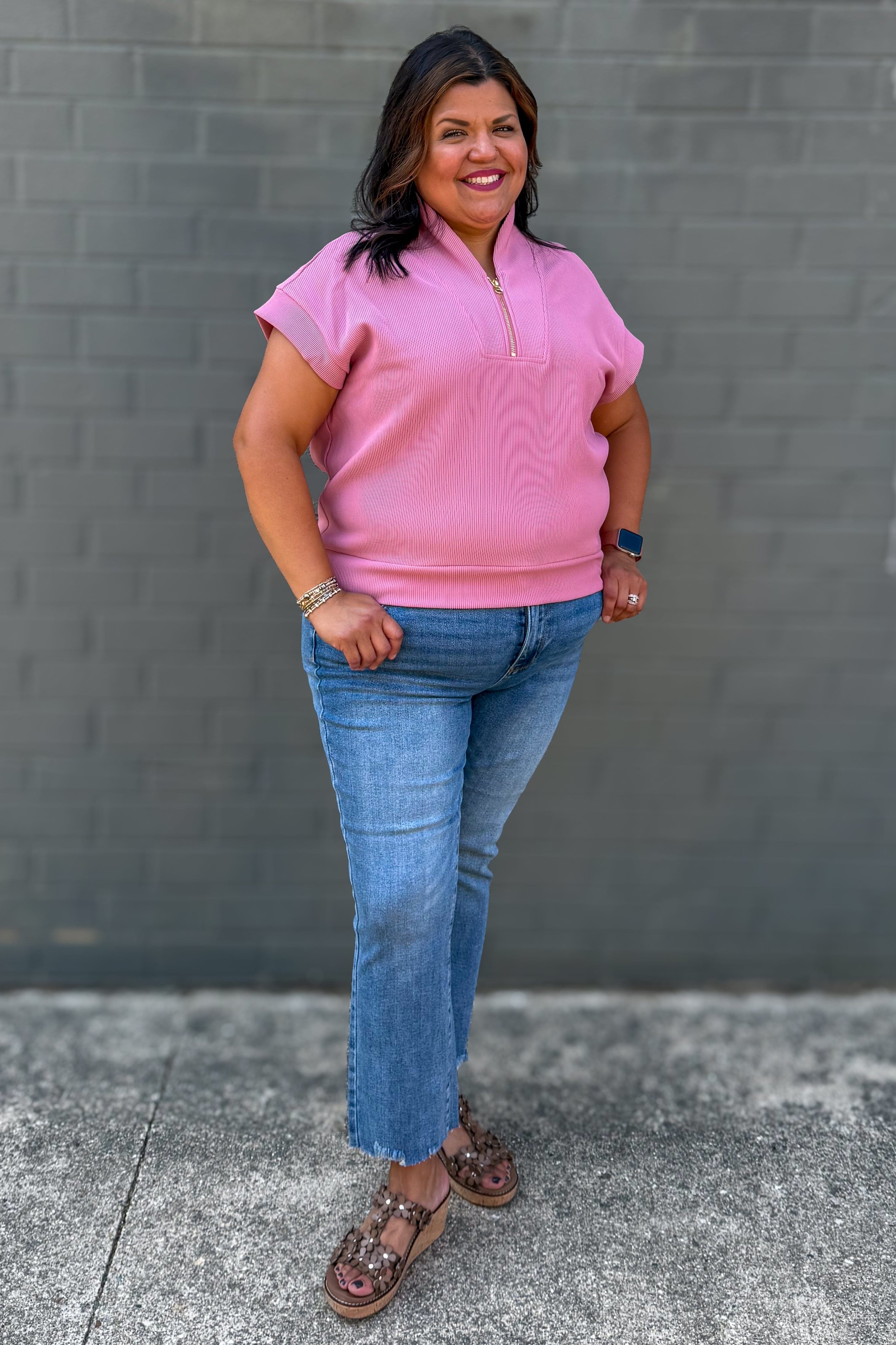 Light Rose Rib High Neck Zip Top styled