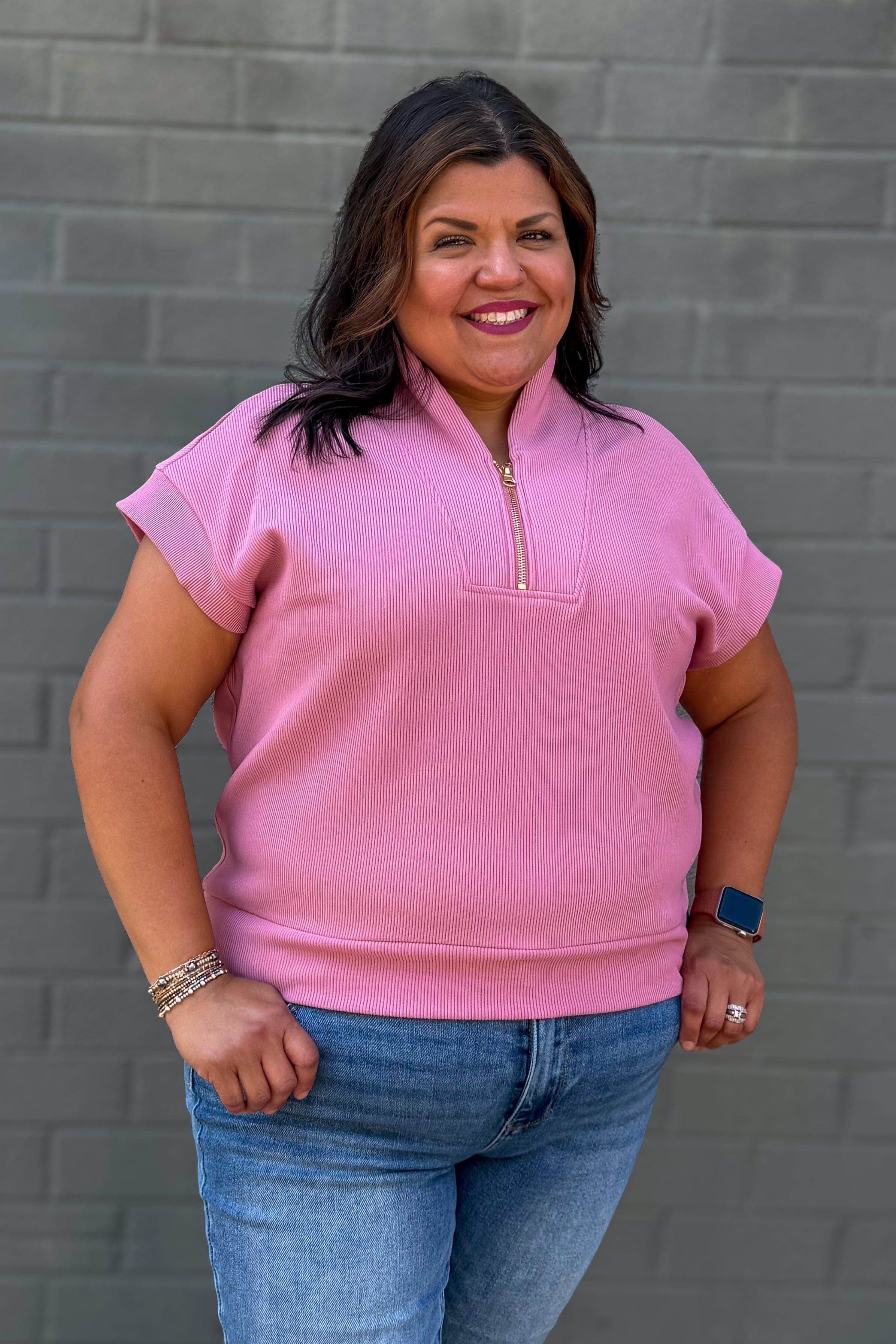 Light Rose Rib High Neck Zip Top