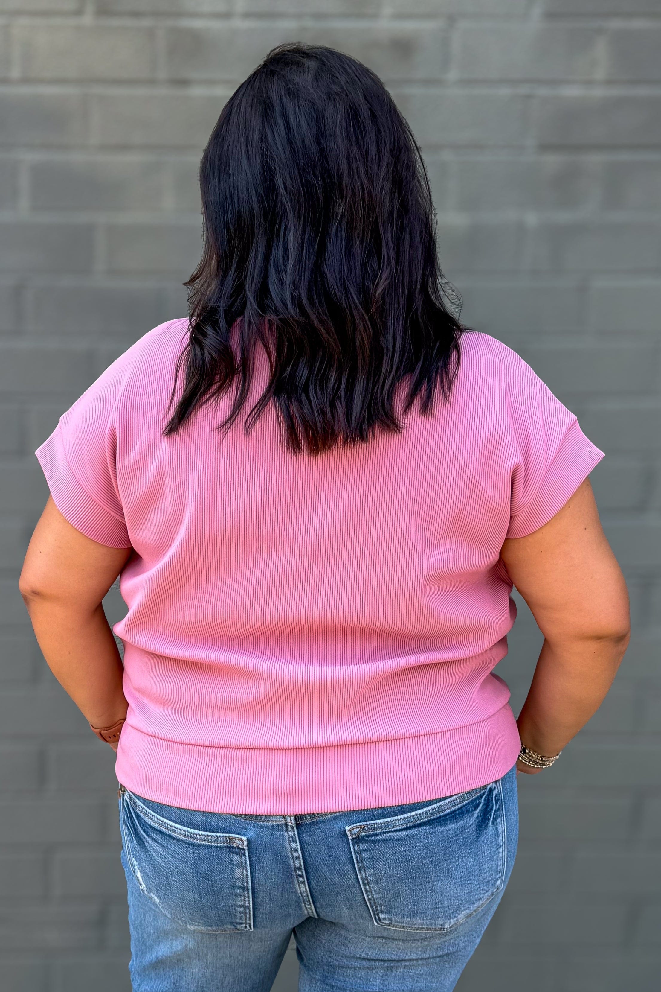 Light Rose Rib High Neck Zip Top back