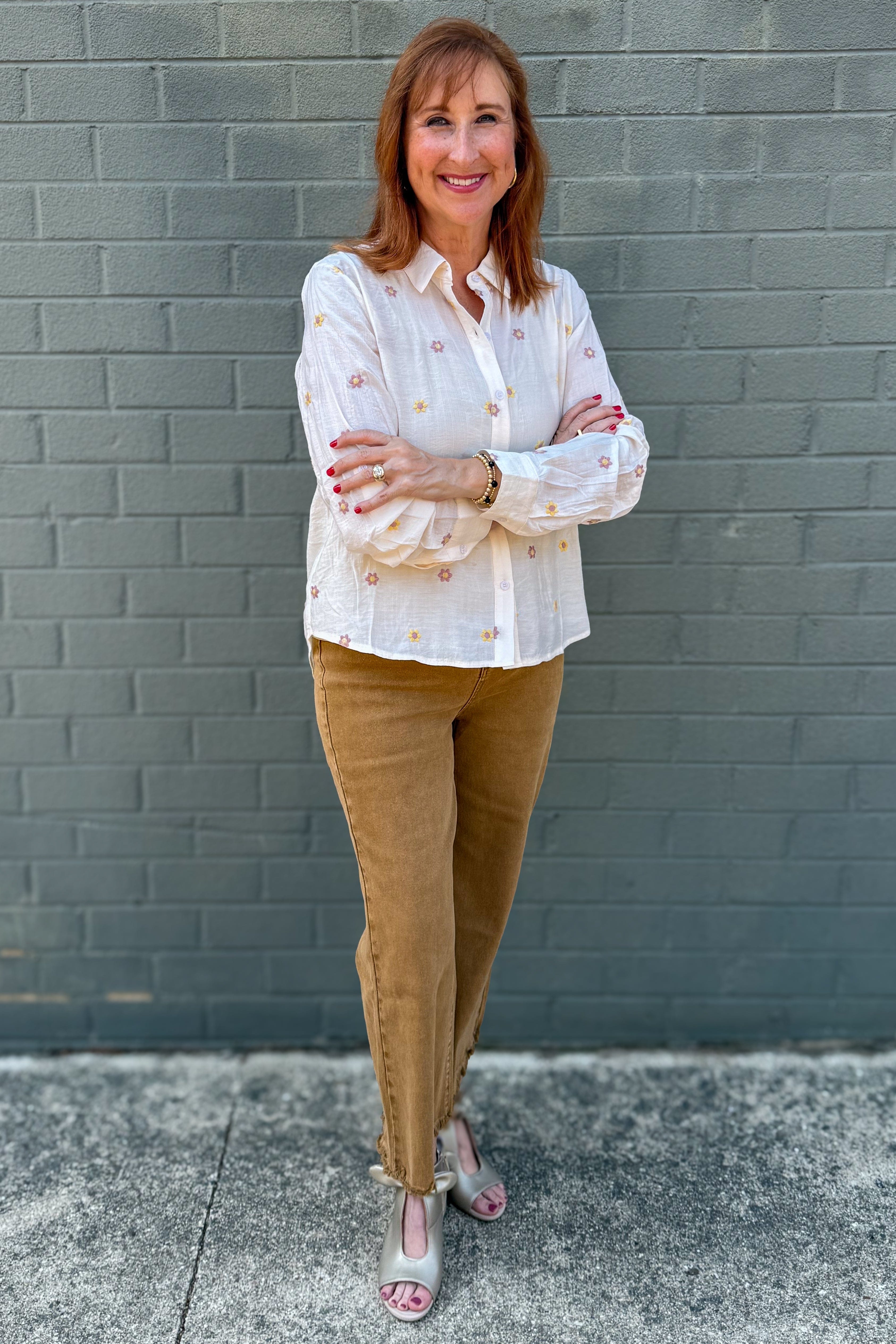 Ivory Floral Embroidered Button Shirt styled