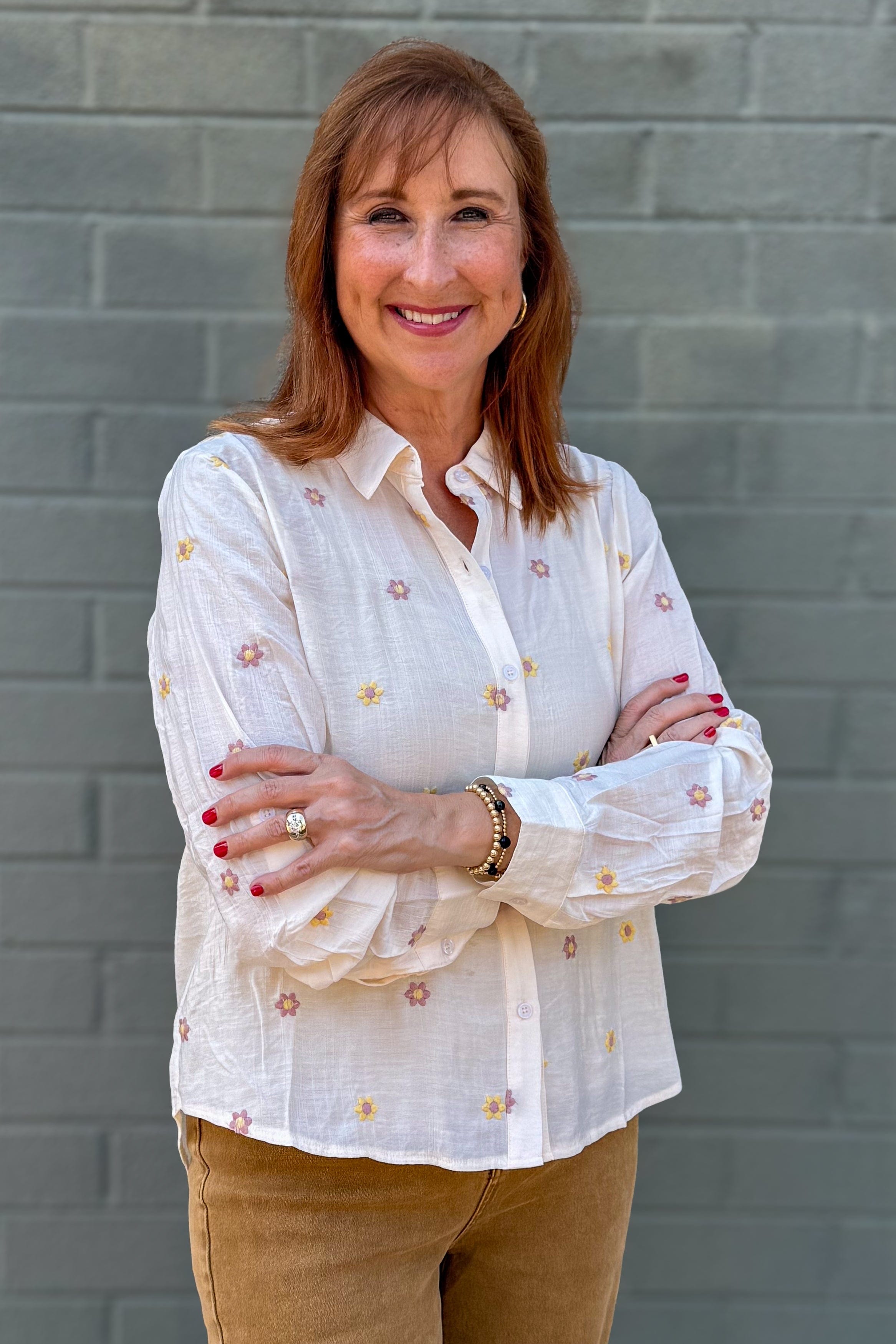 Ivory Floral Embroidered Button Shirt