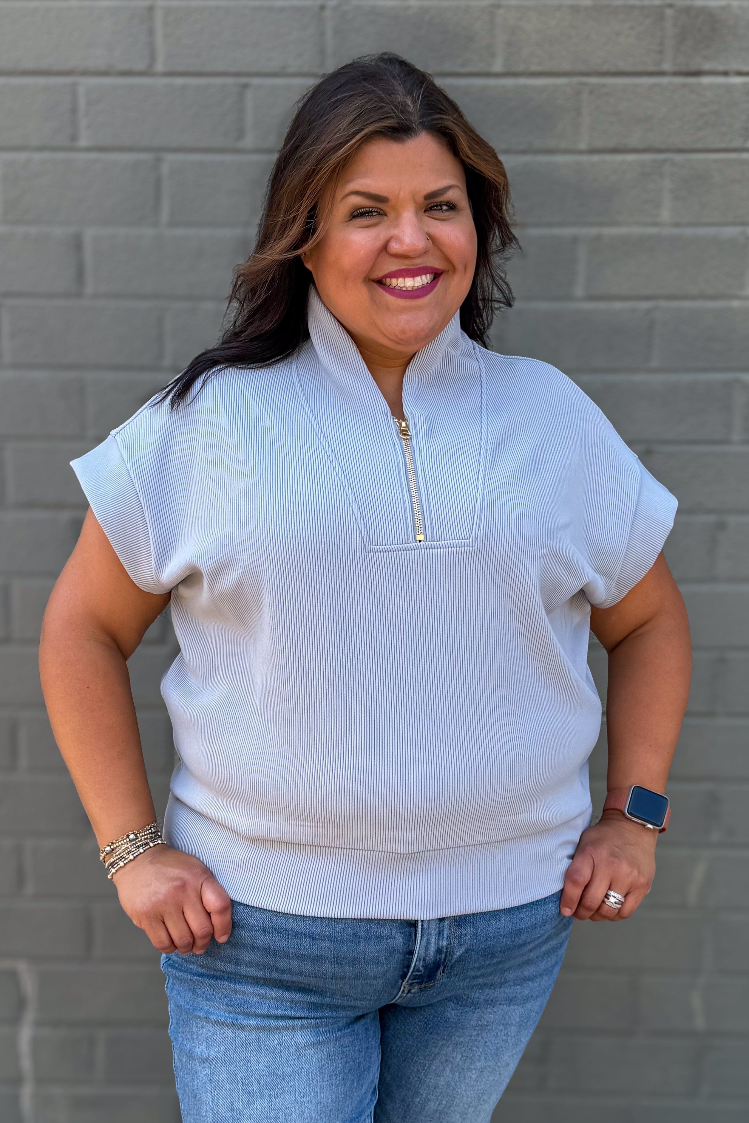 Light Grey Rib High Neck Zip Top