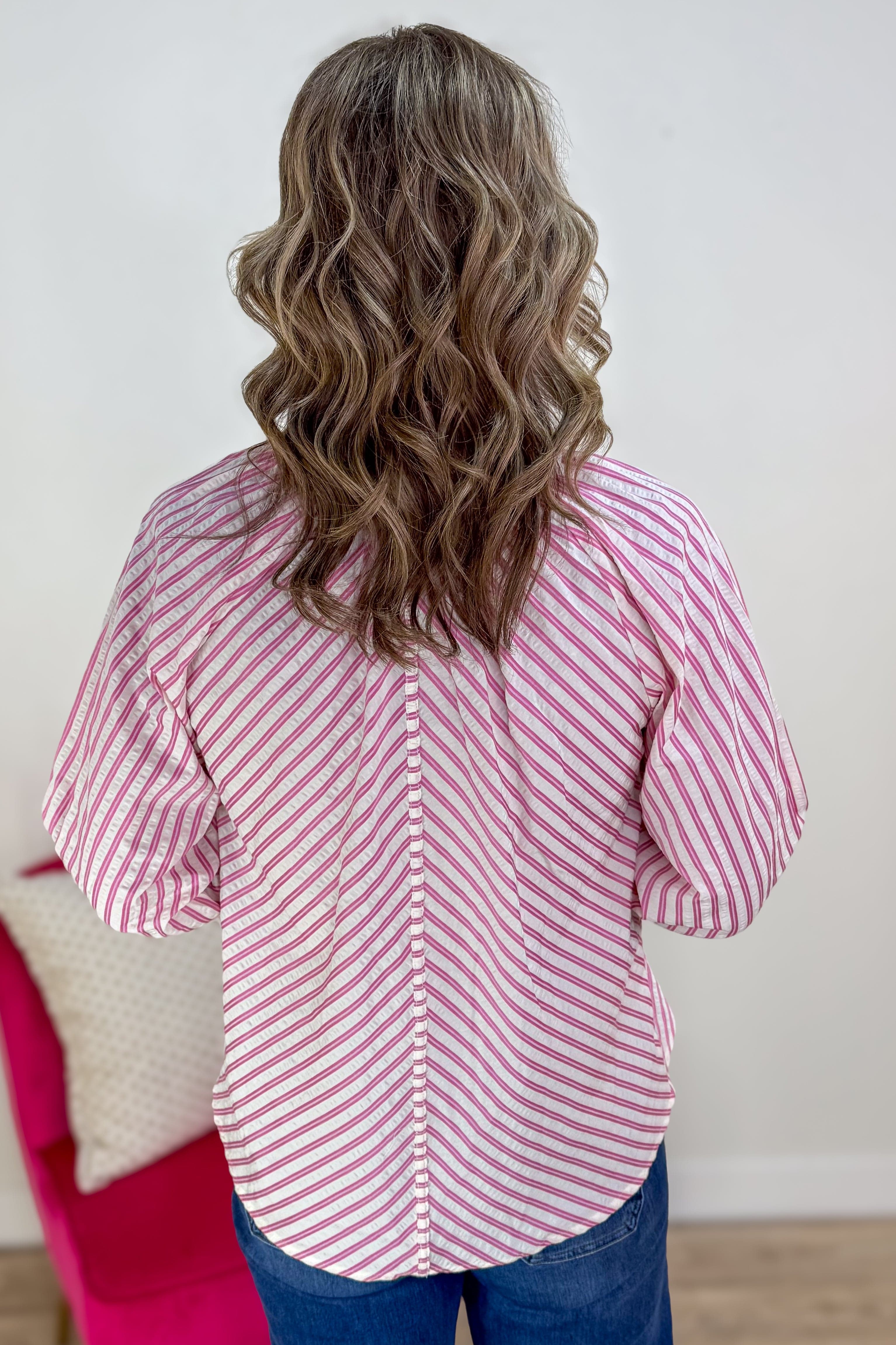 Pink Stripe Puff Sleeve Buttondown Shirt back