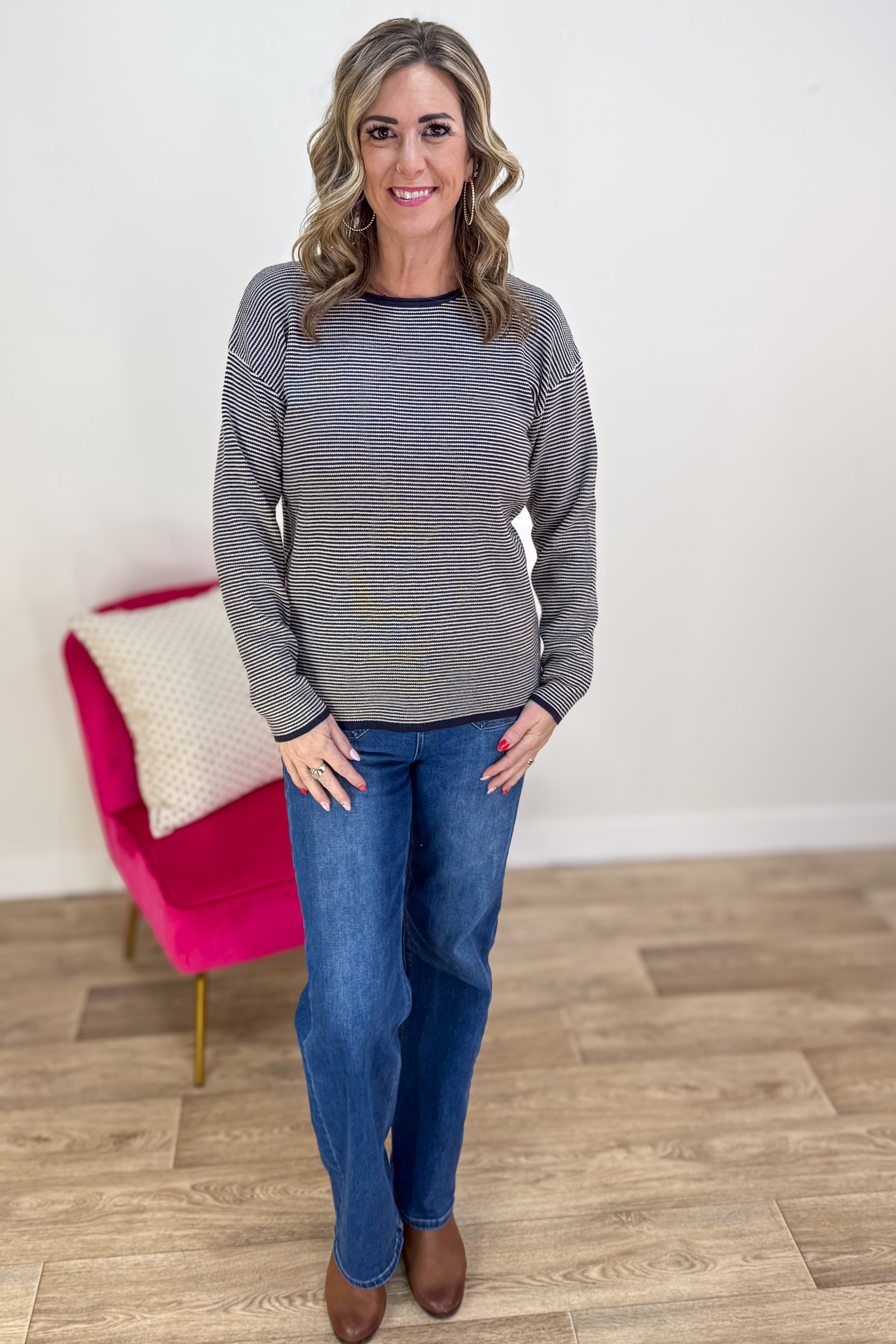 Dark Navy Waffle Stripe Sweater styled