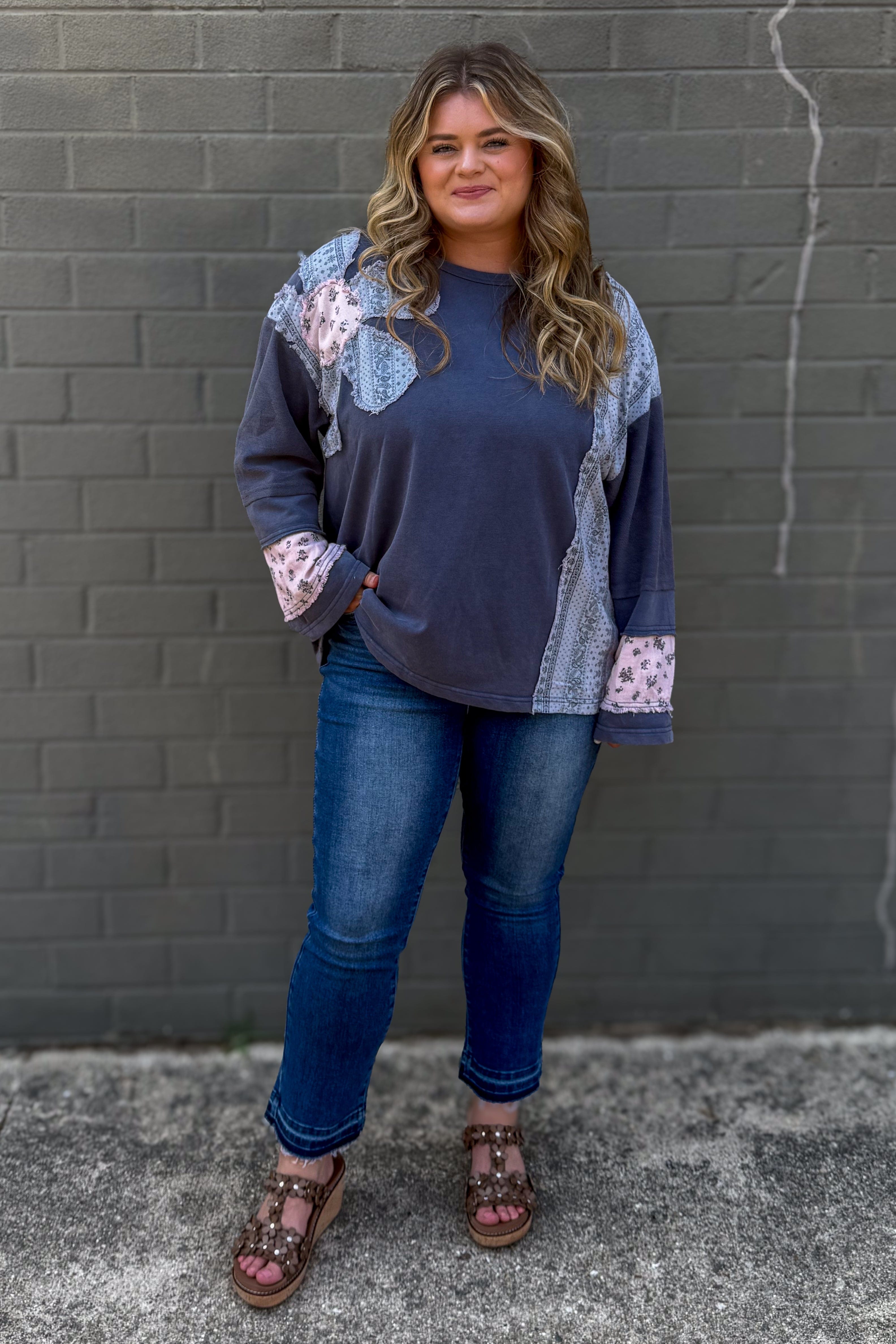 Patchwork Denim French Terry Top styled
