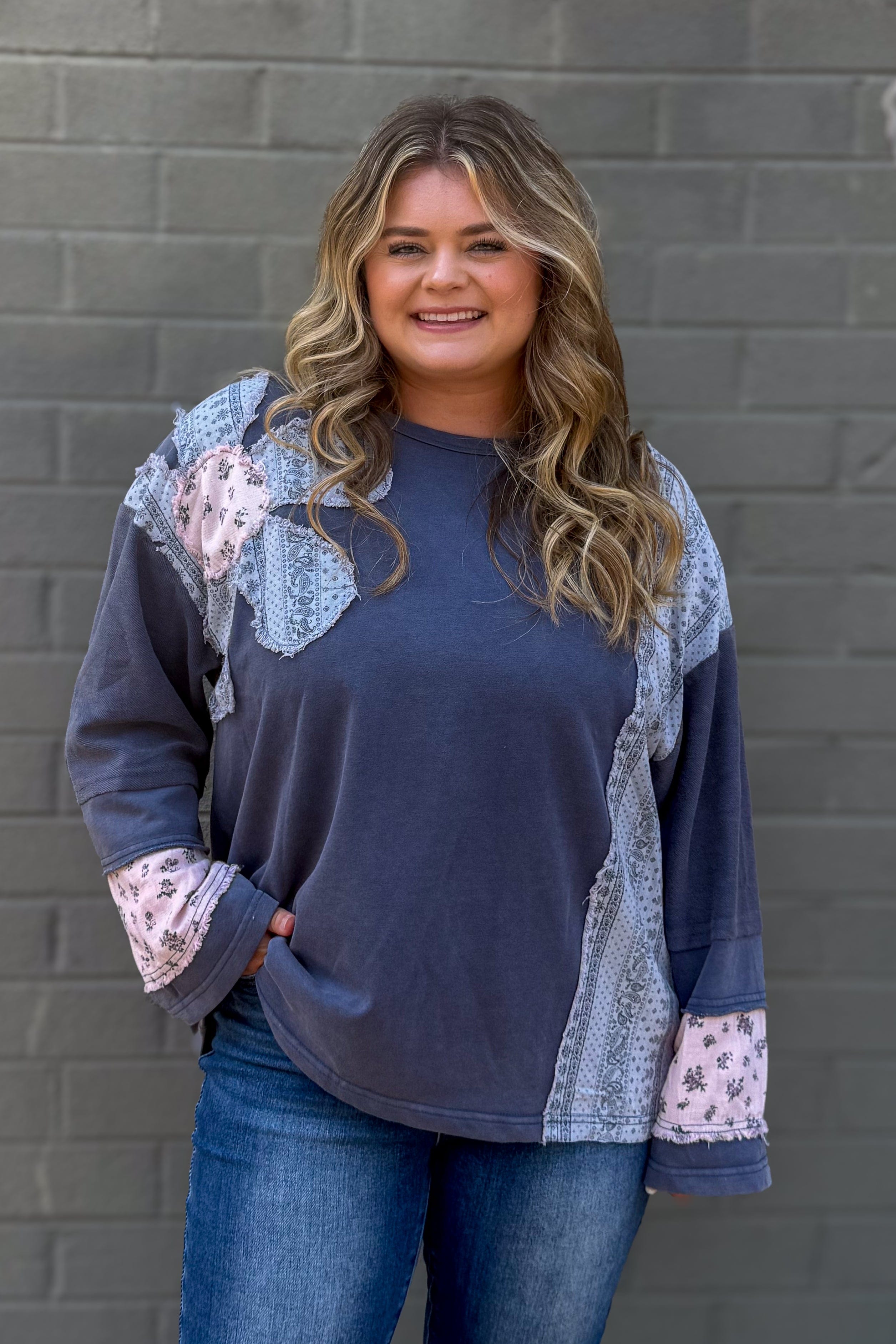Patchwork Denim French Terry Top