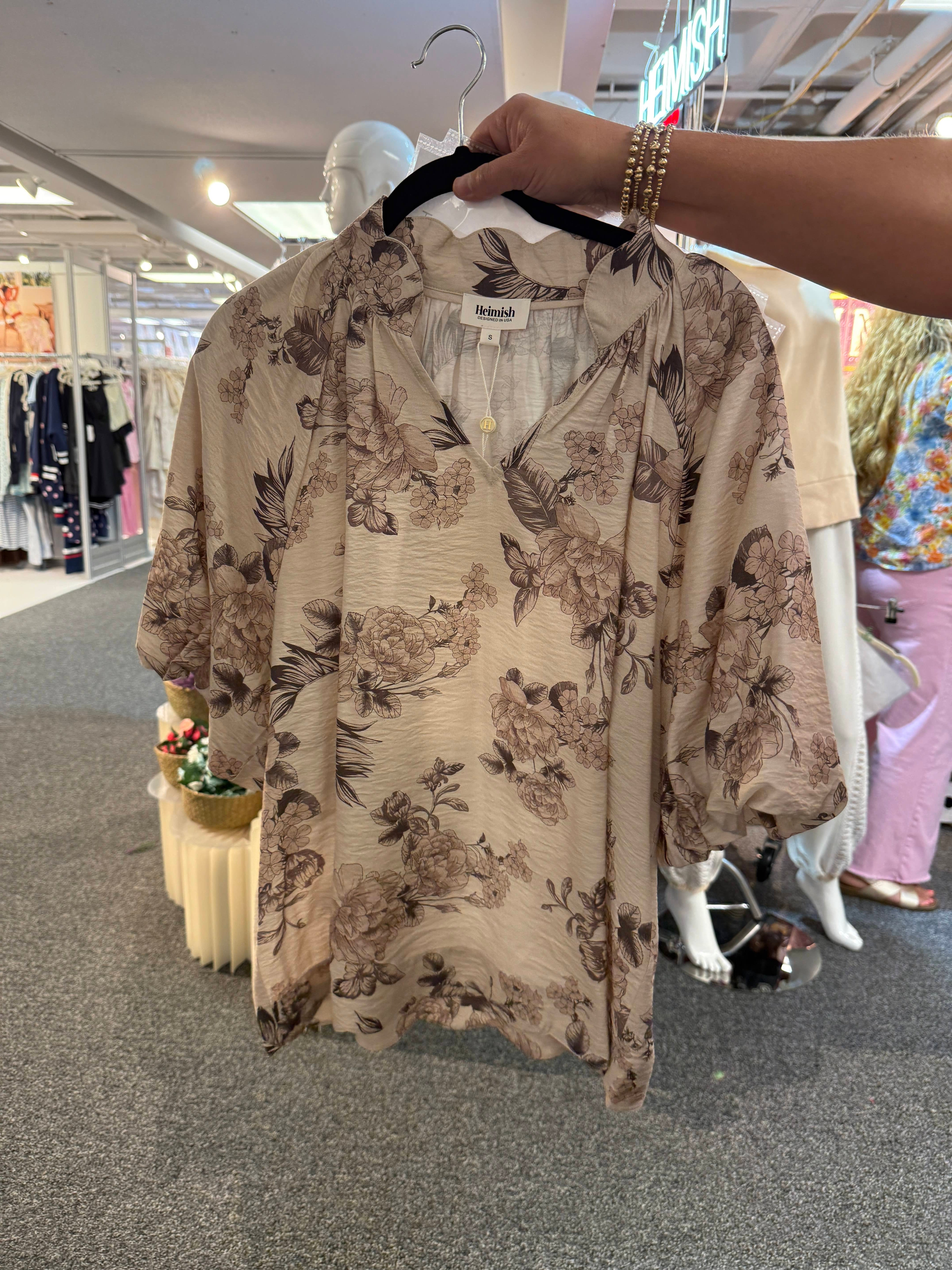 Almond Floral Puff Sleeve Blouse