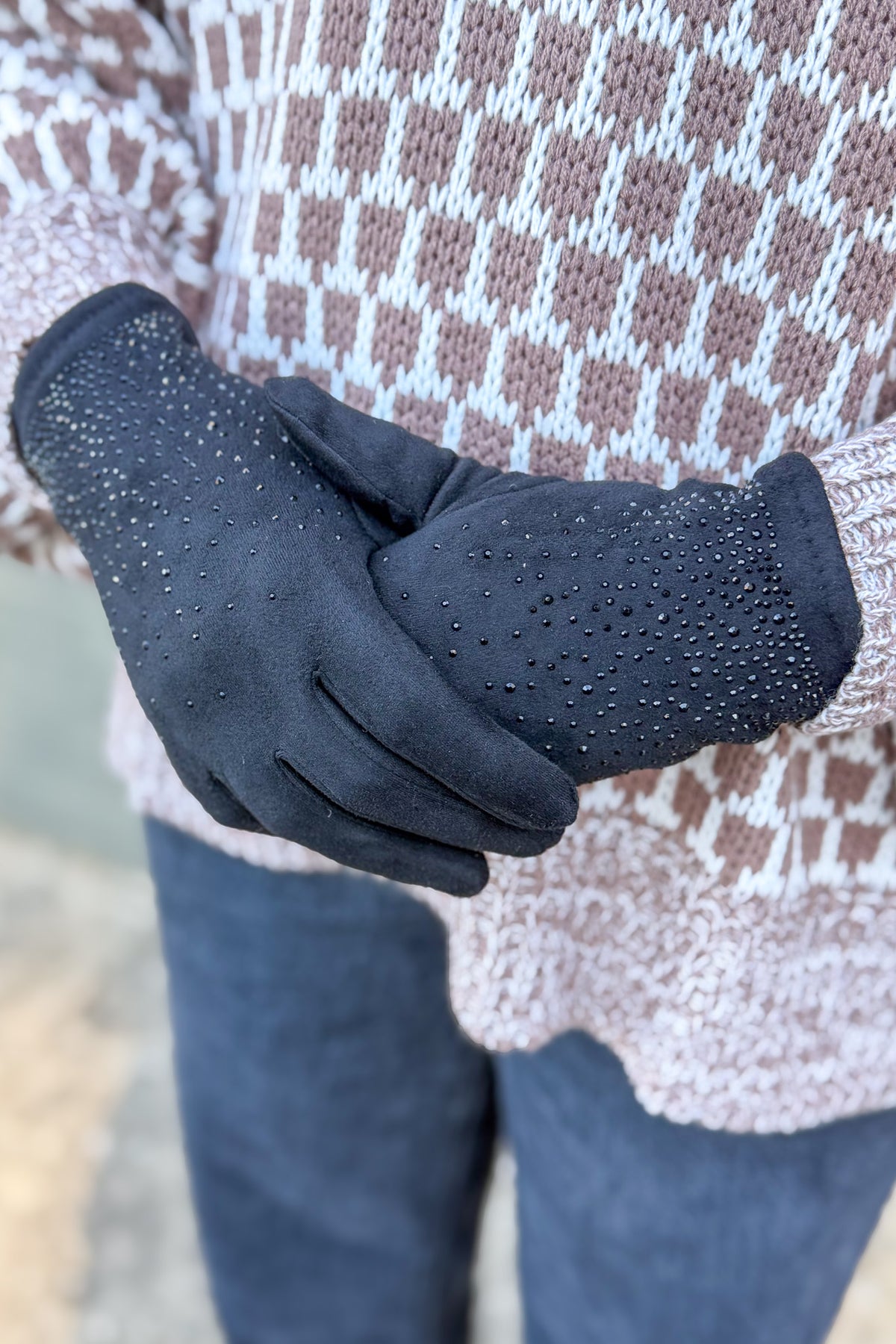 Black Quiet Luxe Rhinestone Faux Suede Gloves